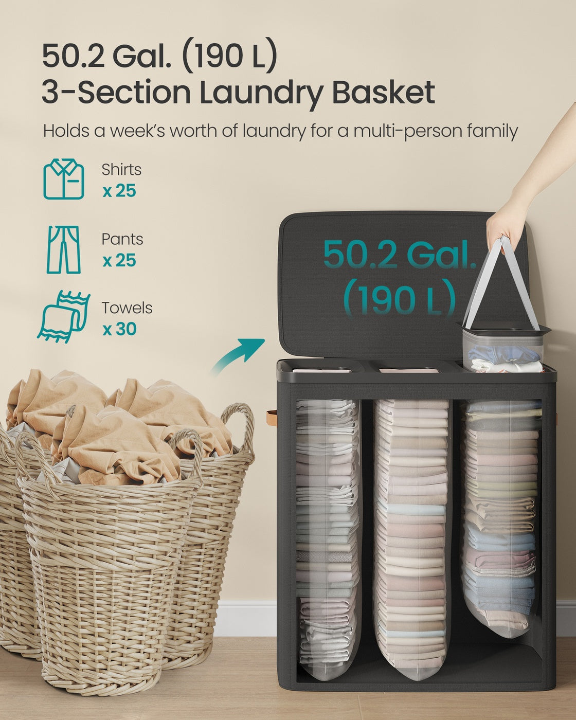 Laundry Basket Triple Compartment Laundry Hamper - Polyester Fabric and Plastic - Ink Black