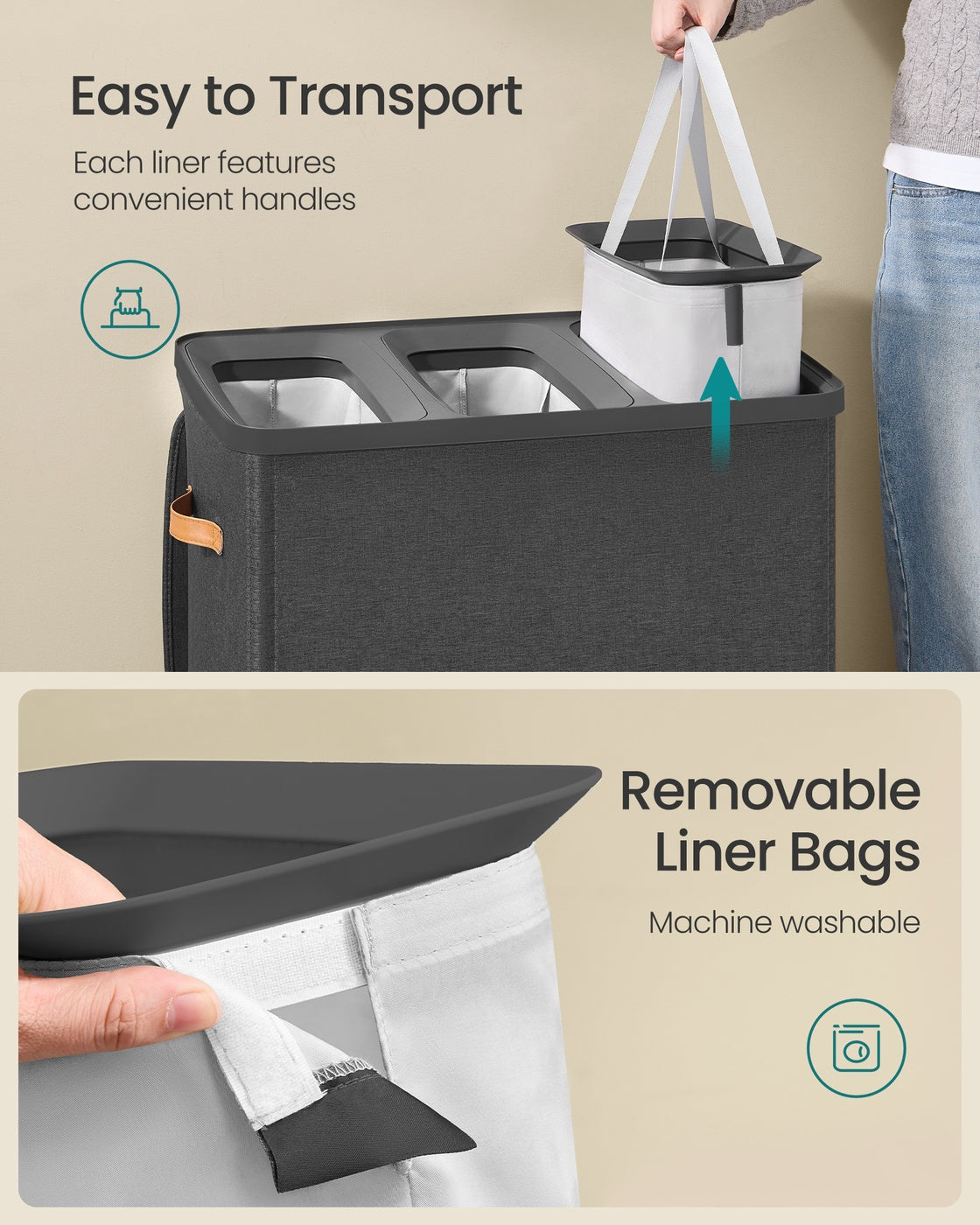 Laundry Basket Triple Compartment Laundry Hamper - Polyester Fabric and Plastic - Ink Black