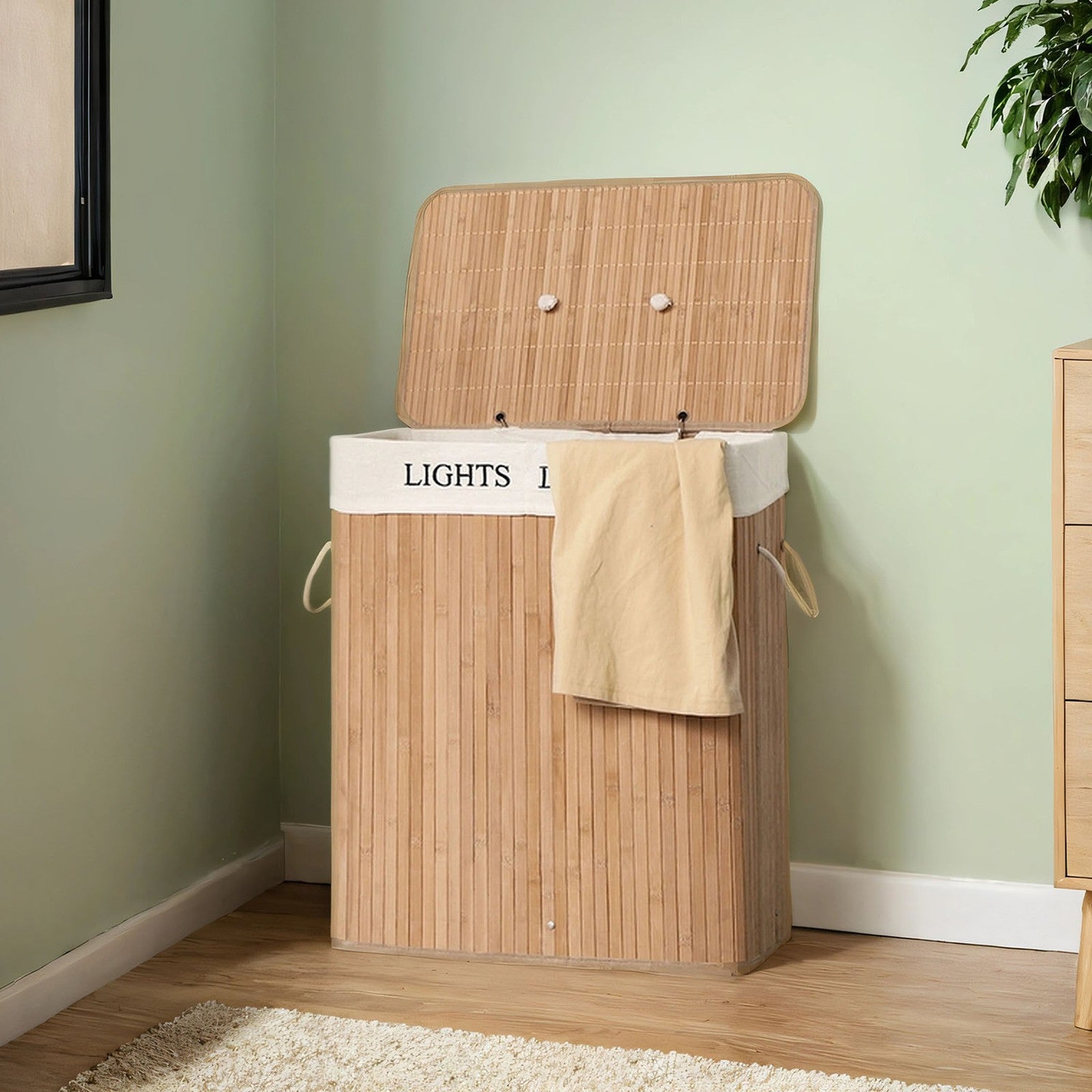 Bamboo Laundry Hamper - Natural - Two-Section with Detachable Liner and Handles