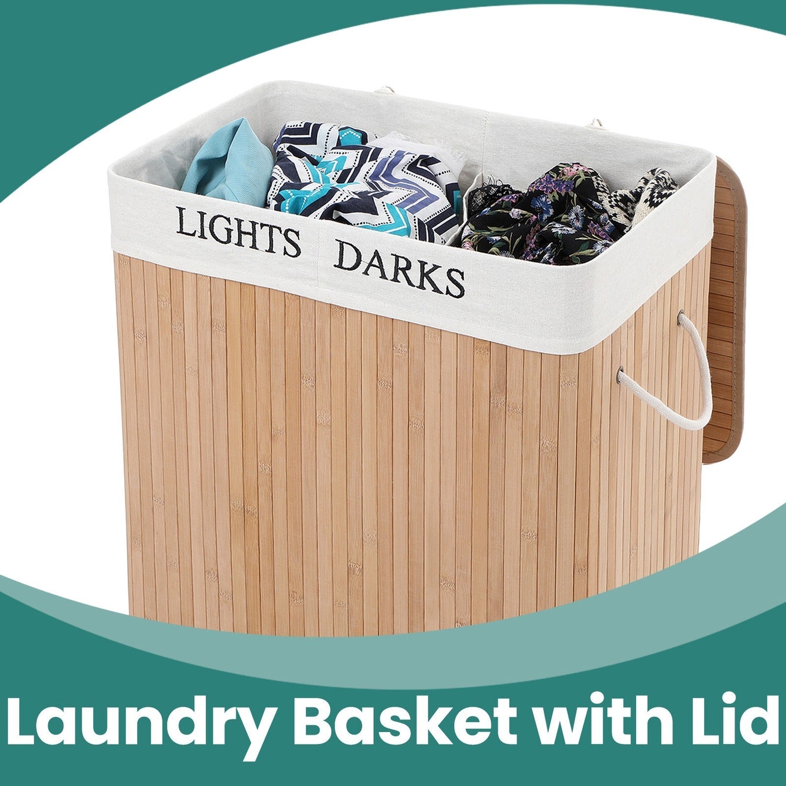 Bamboo Laundry Hamper - Natural - Two-Section with Detachable Liner and Handles