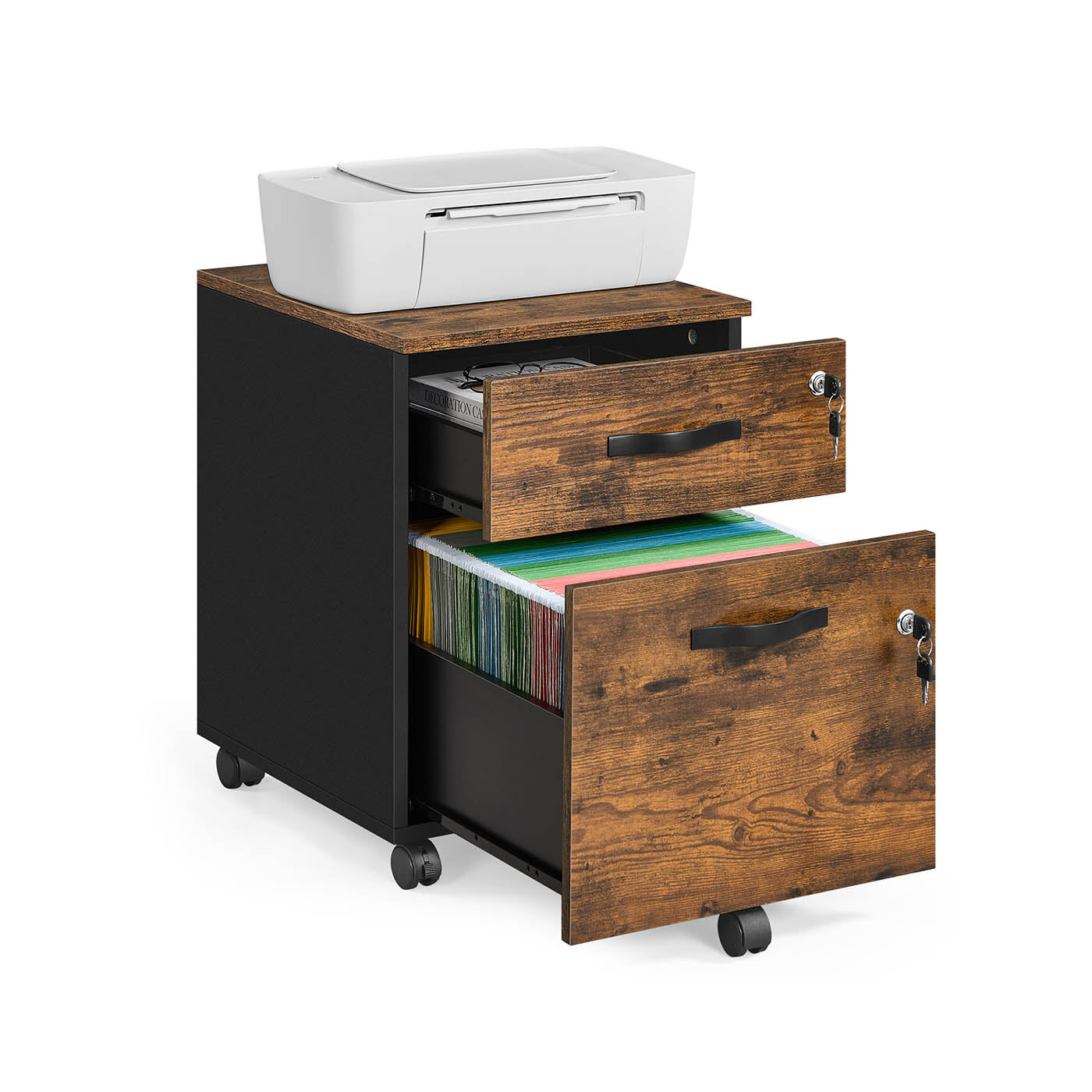 Rolling Filing Cabinet - Wood - Rustic Brown - Lockable with 2 Drawers and Adjustable Hanging Rails
