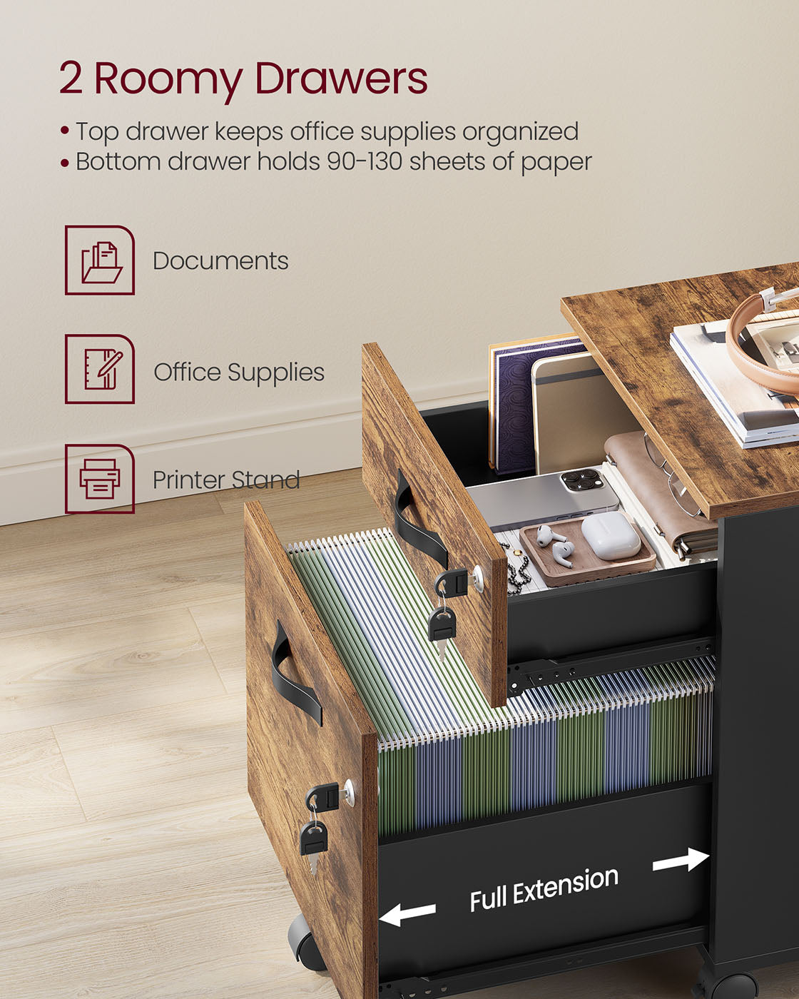 Rolling Filing Cabinet - Wood - Rustic Brown - Lockable with 2 Drawers and Adjustable Hanging Rails