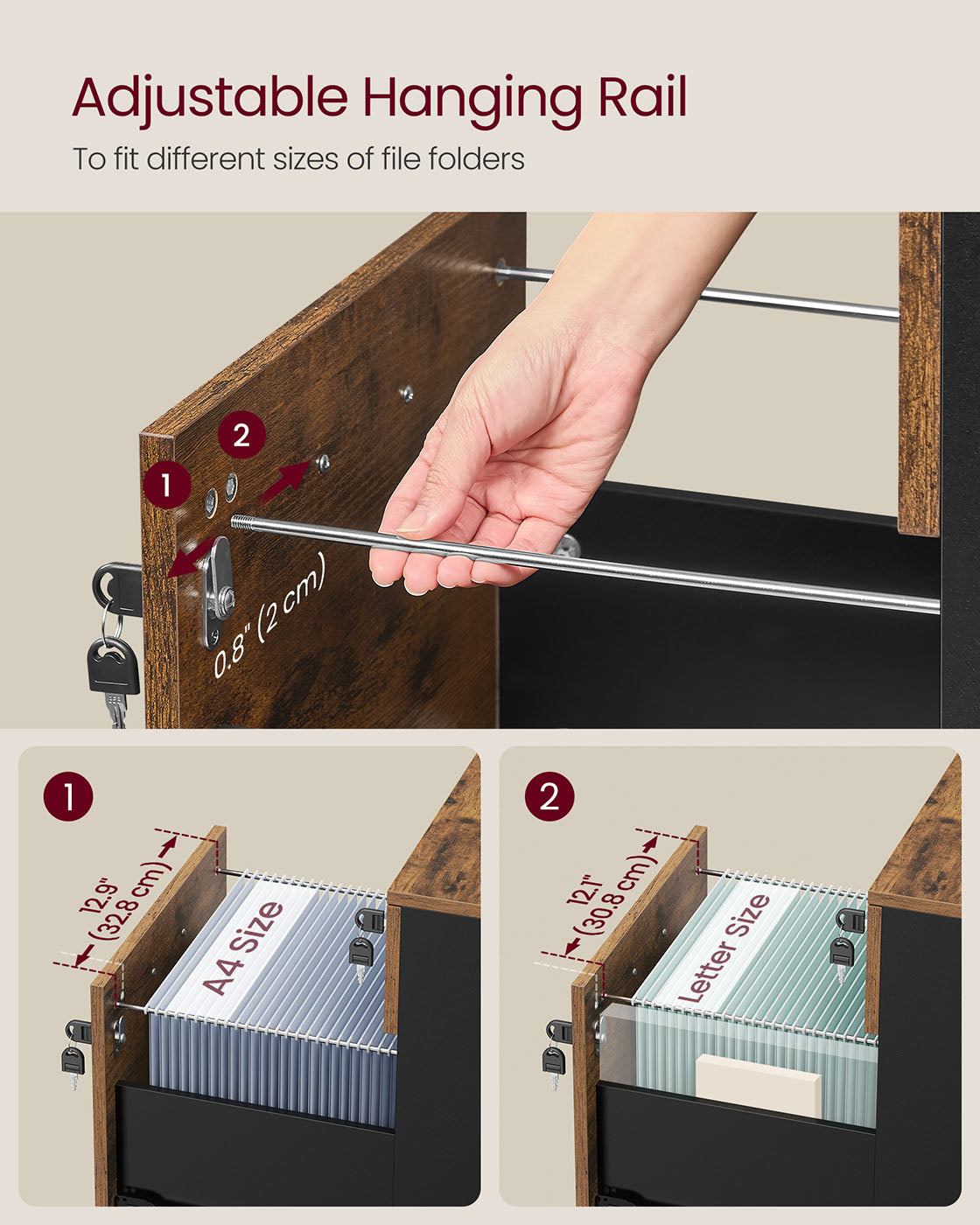 Rolling Filing Cabinet - Wood - Rustic Brown - Lockable with 2 Drawers and Adjustable Hanging Rails