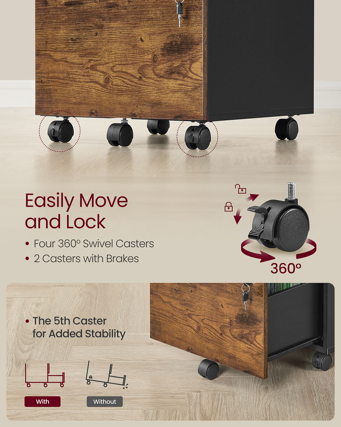 Rolling Filing Cabinet - Wood - Rustic Brown - Lockable with 2 Drawers and Adjustable Hanging Rails