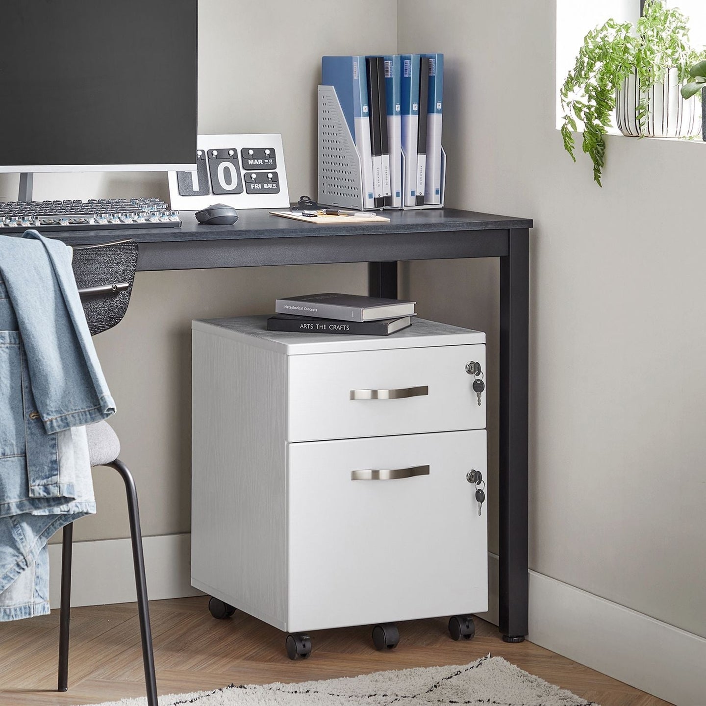Lockable File Cabinet - Wood - White - 2 Drawers with Wheels and Adjustable Hanging Rails