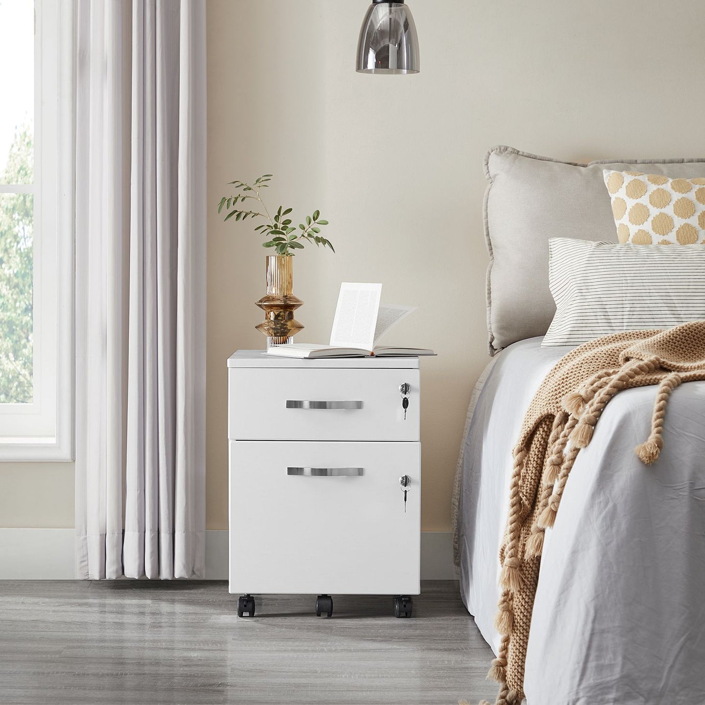 Lockable File Cabinet - Wood - White - 2 Drawers with Wheels and Adjustable Hanging Rails