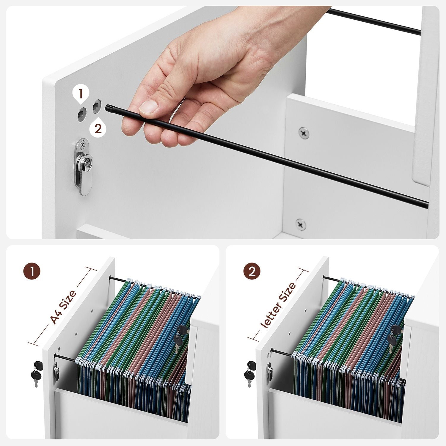 Lockable File Cabinet - Wood - White - 2 Drawers with Wheels and Adjustable Hanging Rails