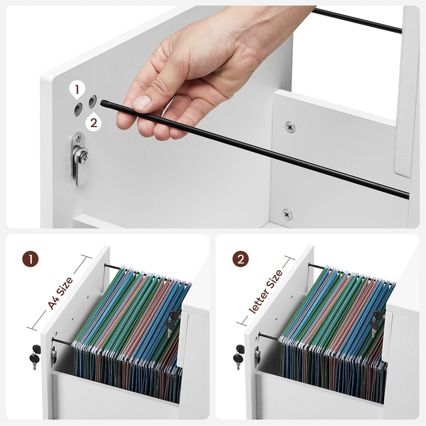 Lockable File Cabinet - Wood - White - 2 Drawers with Wheels and Adjustable Hanging Rails