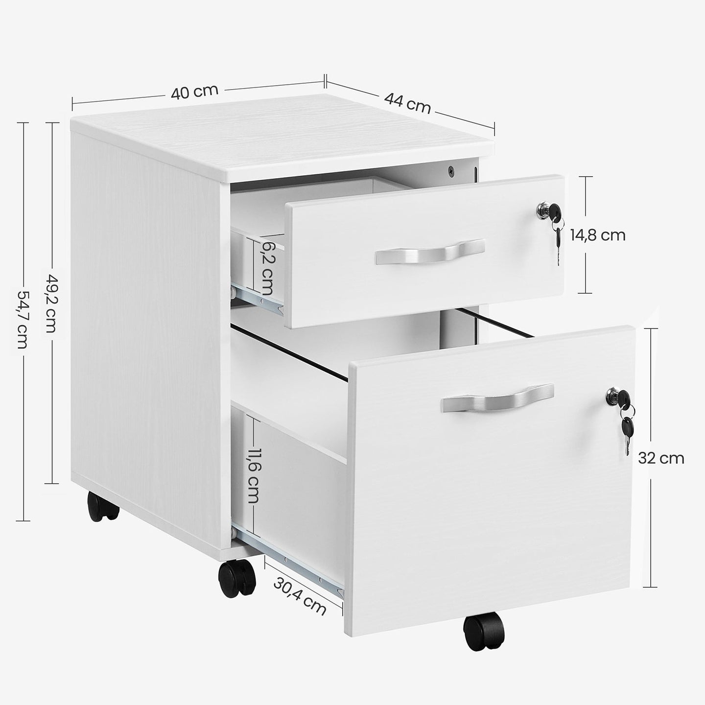 Lockable File Cabinet - Wood - White - 2 Drawers with Wheels and Adjustable Hanging Rails