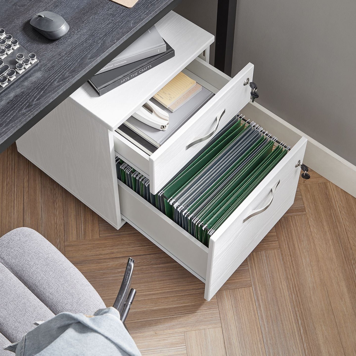 Lockable File Cabinet - Wood - White - 2 Drawers with Wheels and Adjustable Hanging Rails