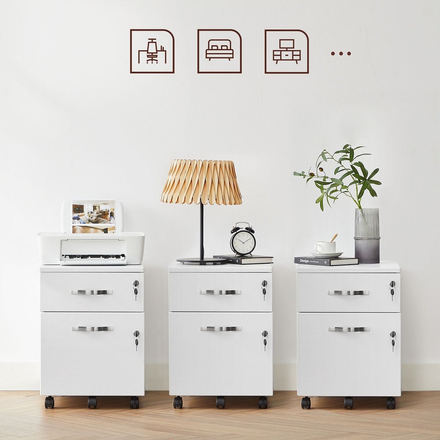 Lockable File Cabinet - Wood - White - 2 Drawers with Wheels and Adjustable Hanging Rails