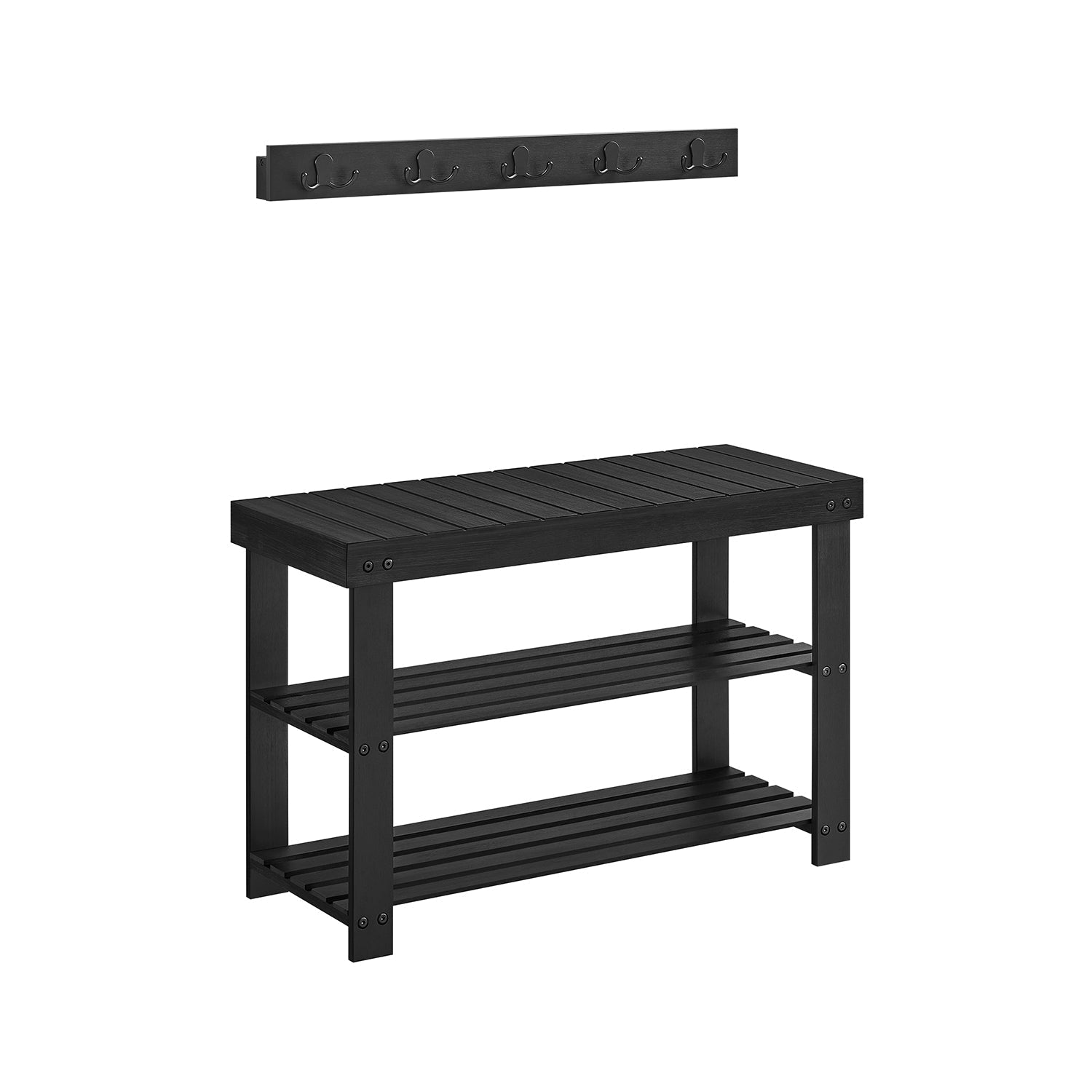 Coat Rack and Shoe Bench Set - Bamboo - Ink Black - Multifunctional with 5 Hooks and 3-Tier Storage