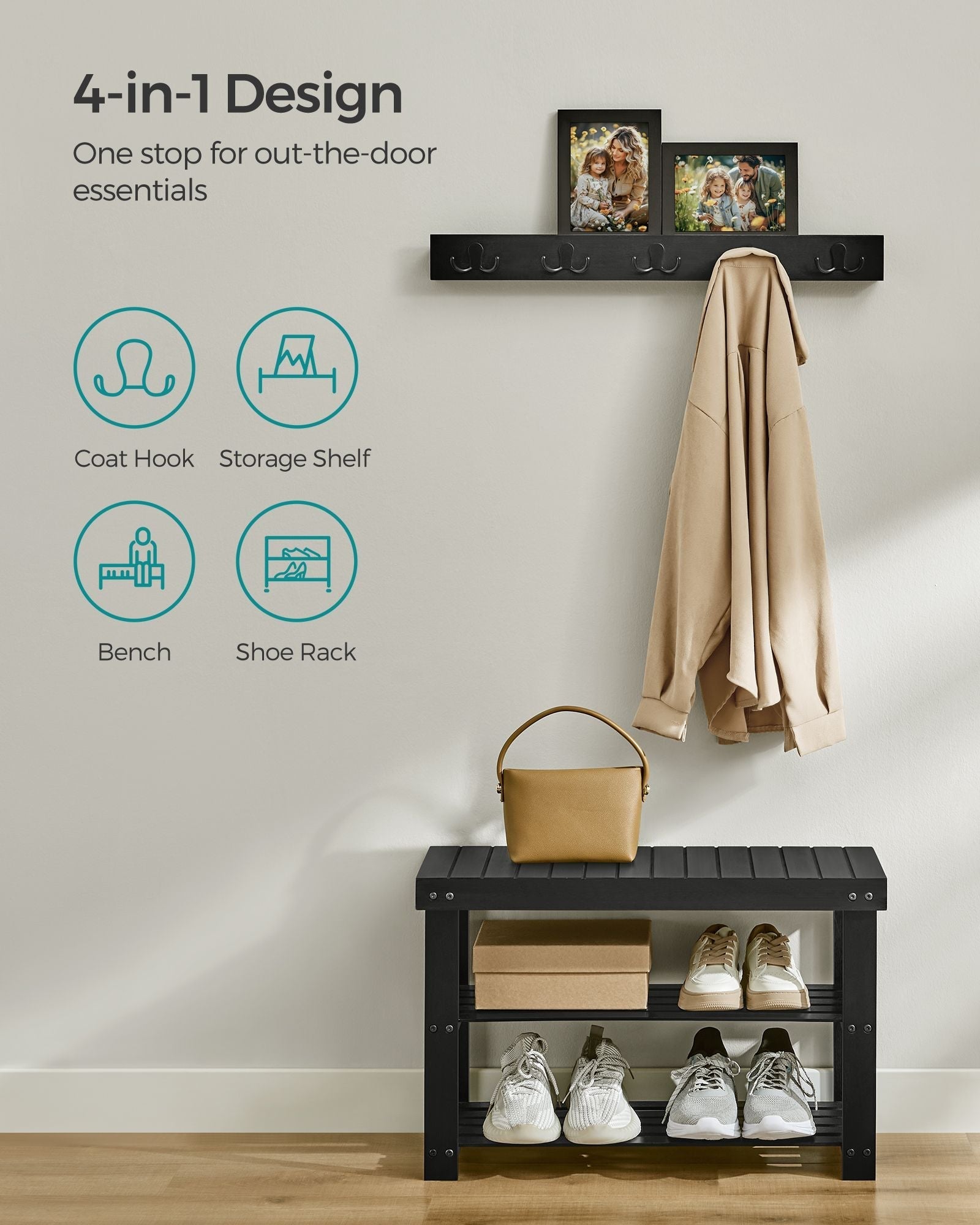Coat Rack and Shoe Bench Set - Bamboo - Ink Black - Multifunctional with 5 Hooks and 3-Tier Storage