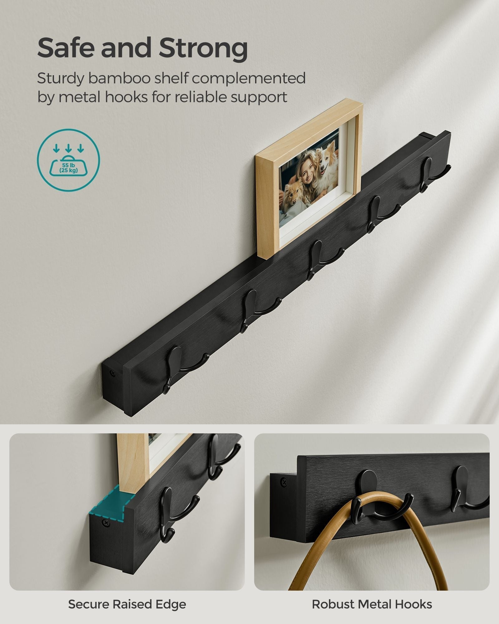 Coat Rack and Shoe Bench Set - Bamboo - Ink Black - Multifunctional with 5 Hooks and 3-Tier Storage