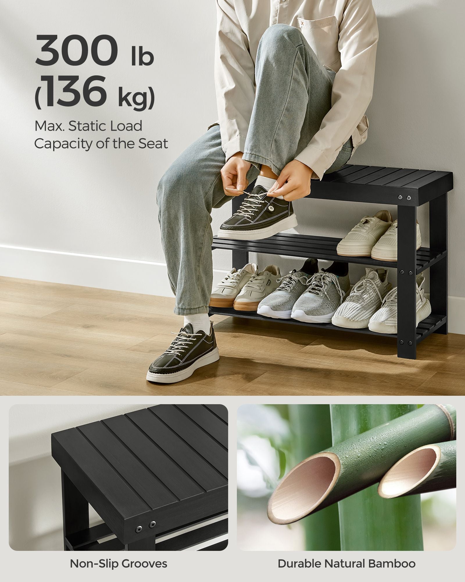 Coat Rack and Shoe Bench Set - Bamboo - Ink Black - Multifunctional with 5 Hooks and 3-Tier Storage