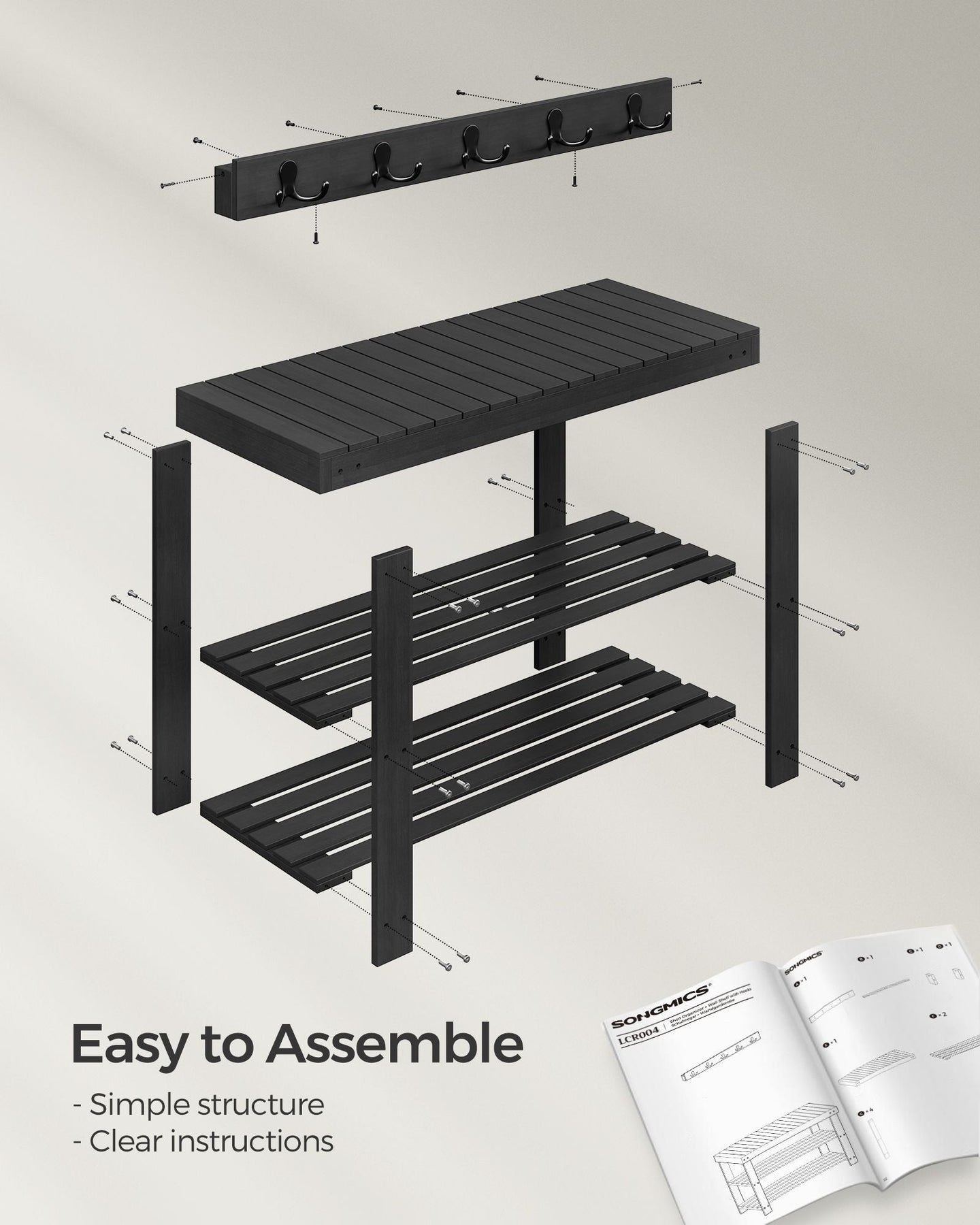 Coat Rack and Shoe Bench Set - Bamboo - Ink Black - Multifunctional with 5 Hooks and 3-Tier Storage