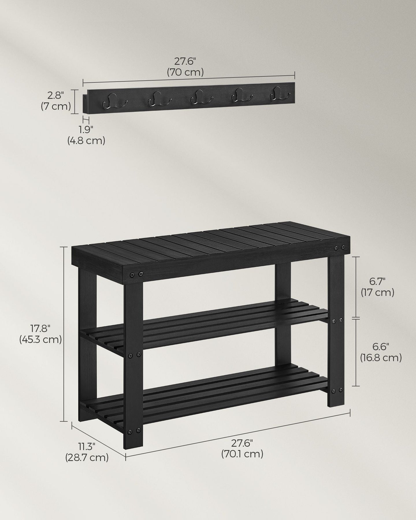 Coat Rack and Shoe Bench Set - Bamboo - Ink Black - Multifunctional with 5 Hooks and 3-Tier Storage