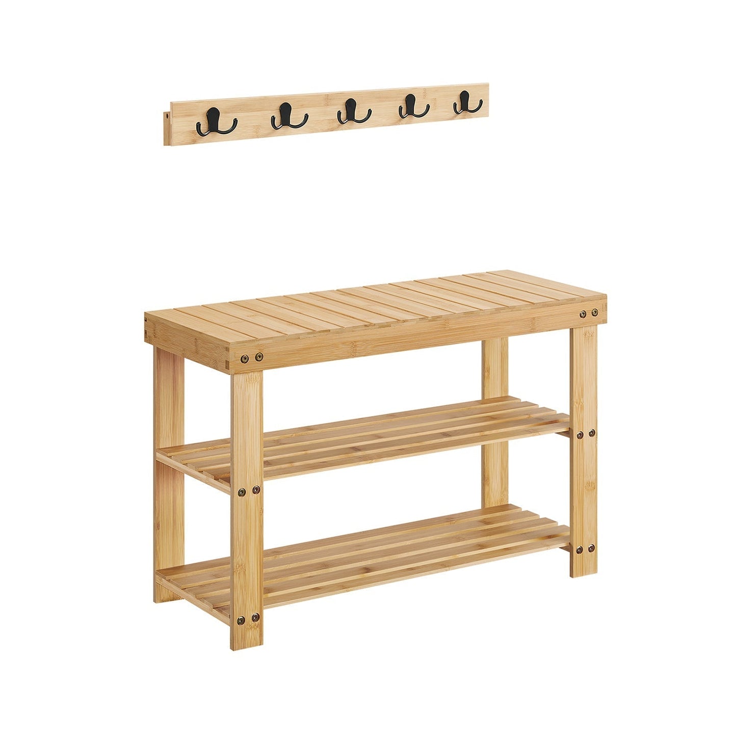 Coat Rack and Shoe Bench Set - Bamboo - Ink Black - Multifunctional with 5 Hooks and 3-Tier Storage