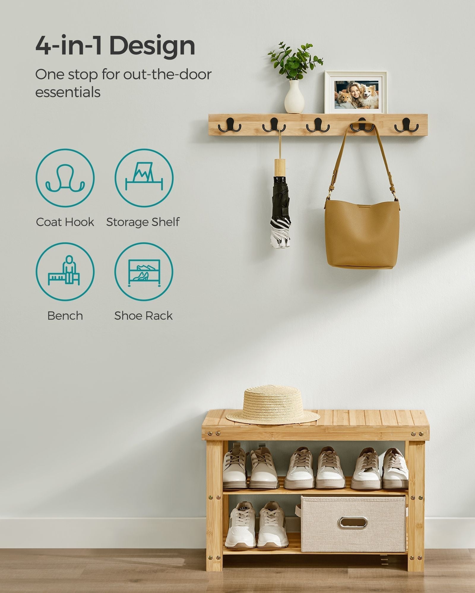 Coat Rack and Shoe Bench Set - Bamboo - Natural Beige - Multifunctional with 5 Double Hooks and 3-Tier Shoe Rack