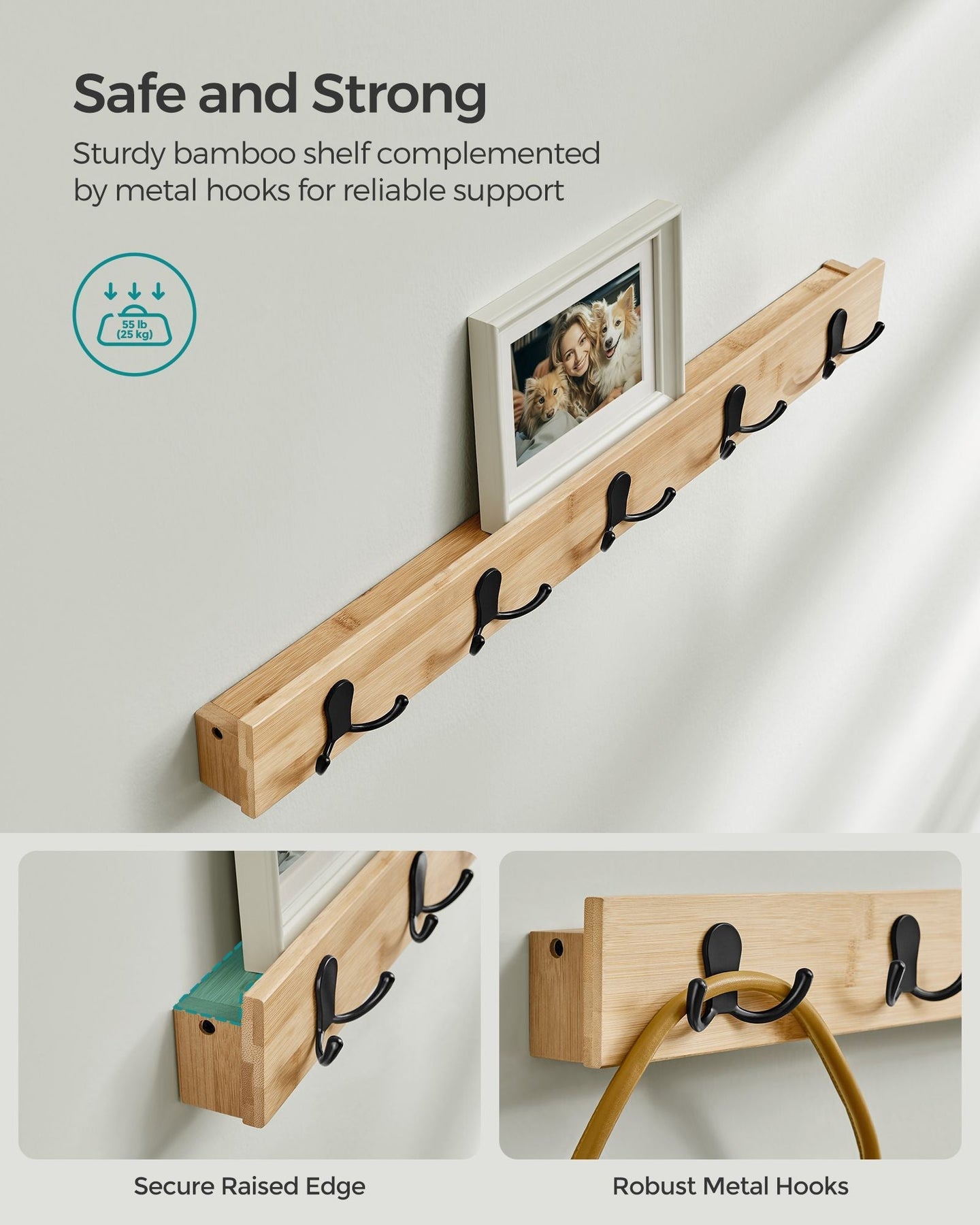 Coat Rack and Shoe Bench Set - Bamboo - Natural Beige - Multifunctional with 5 Double Hooks and 3-Tier Shoe Rack