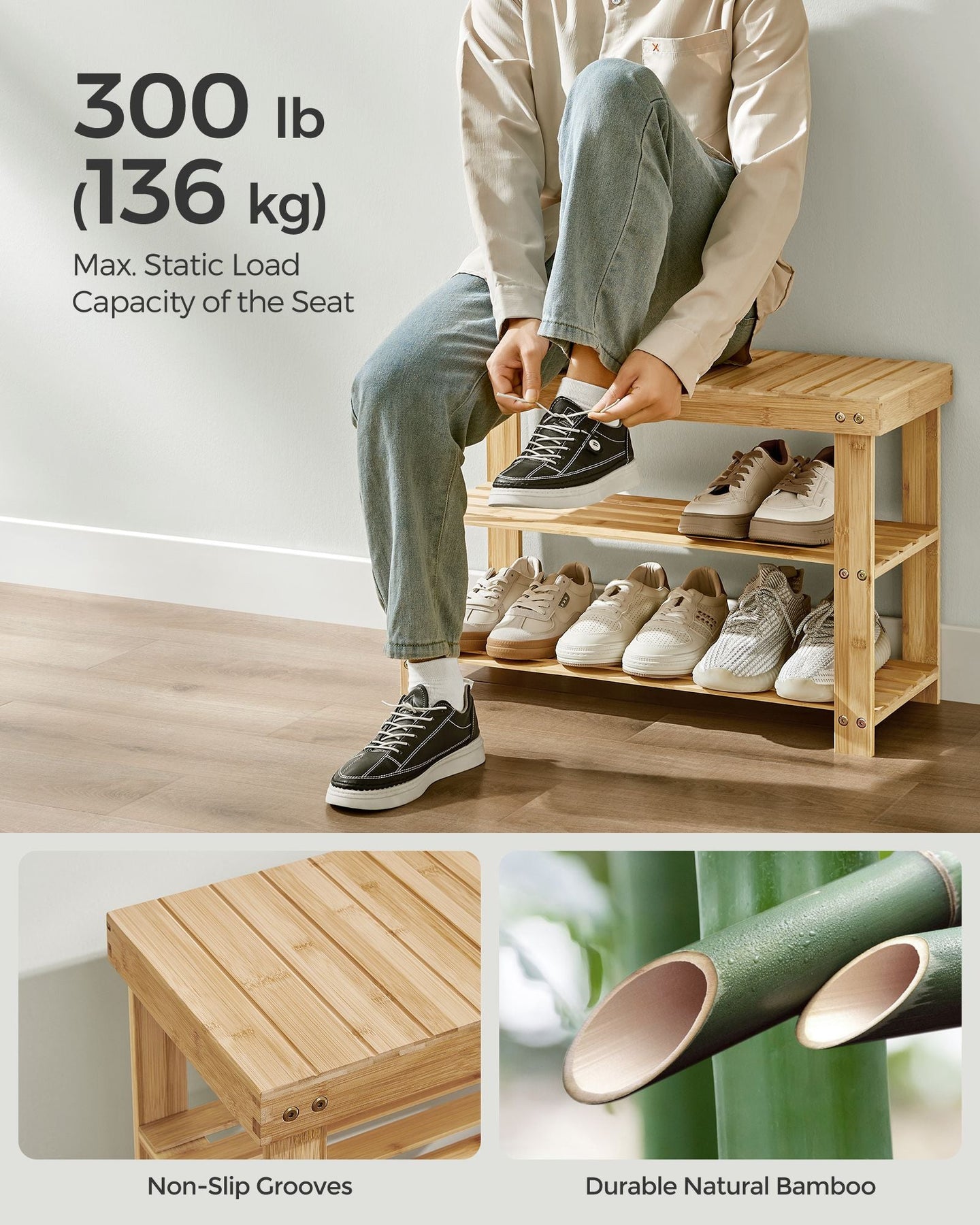 Coat Rack and Shoe Bench Set - Bamboo - Natural Beige - Multifunctional with 5 Double Hooks and 3-Tier Shoe Rack