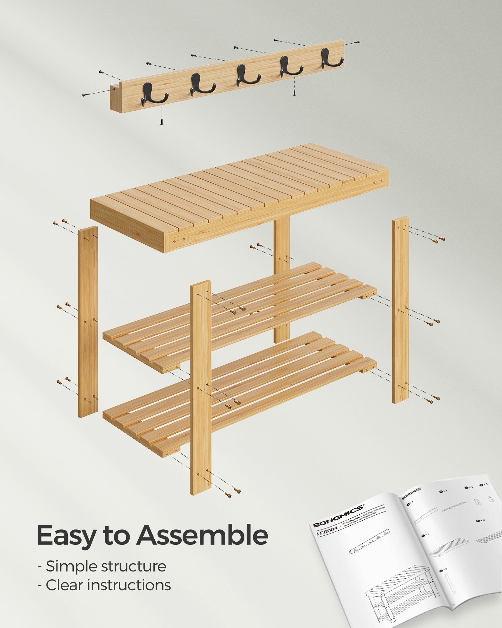 Coat Rack and Shoe Bench Set - Bamboo - Natural Beige - Multifunctional with 5 Double Hooks and 3-Tier Shoe Rack