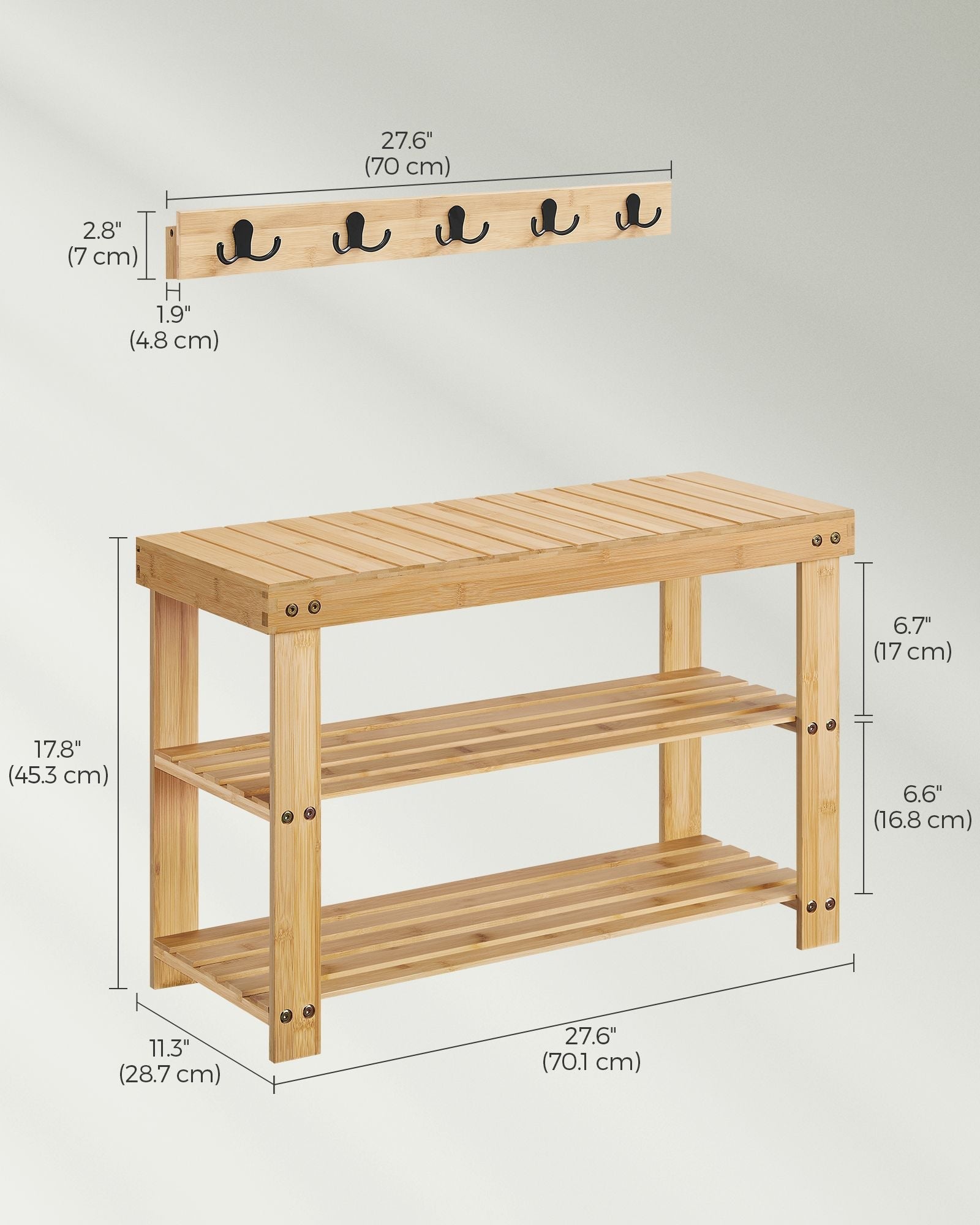 Coat Rack and Shoe Bench Set - Bamboo - Natural Beige - Multifunctional with 5 Double Hooks and 3-Tier Shoe Rack