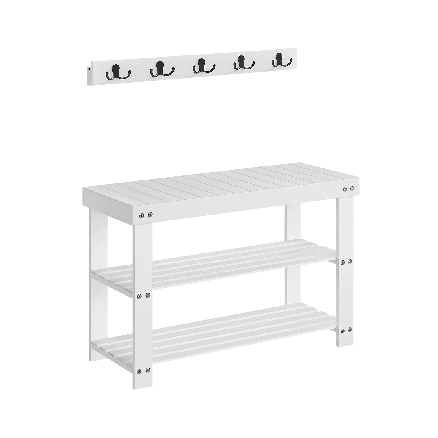 Coat Rack and Shoe Bench Set - Bamboo - Ink Black - Multifunctional with 5 Hooks and 3-Tier Storage