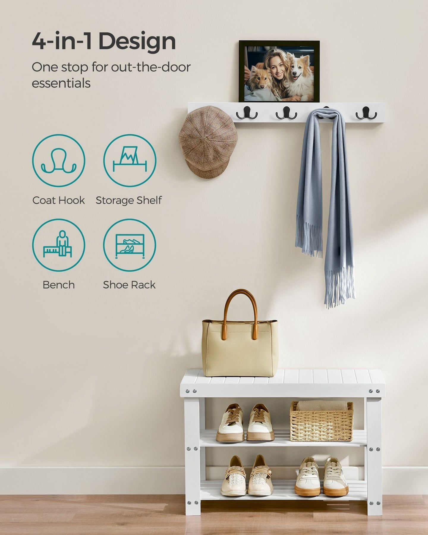 Coat Rack and Shoe Bench Set - Bamboo - Cloud White - Multifunctional with 5 Double Hooks and 3-Tier Storage