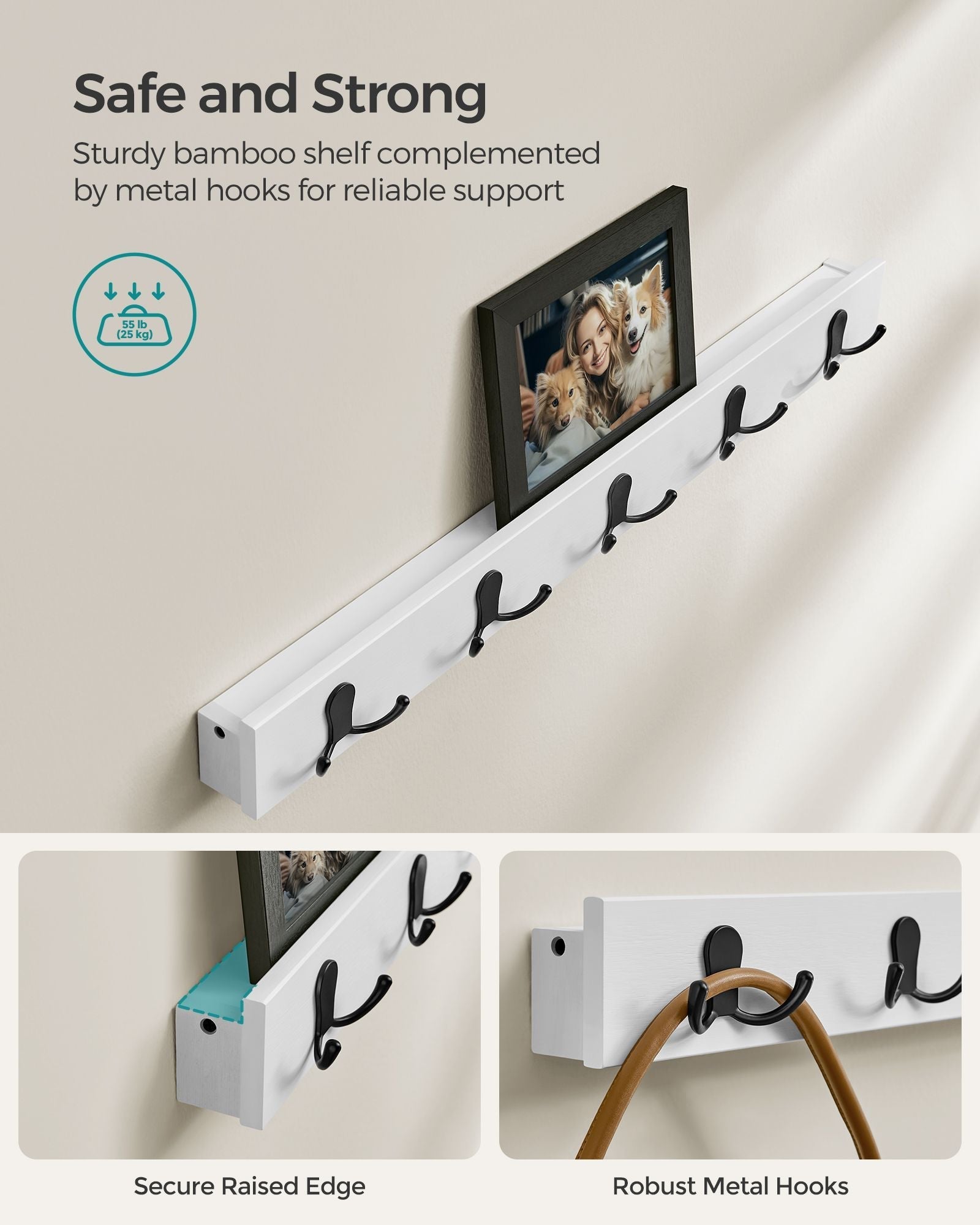 Coat Rack and Shoe Bench Set - Bamboo - Cloud White - Multifunctional with 5 Double Hooks and 3-Tier Storage