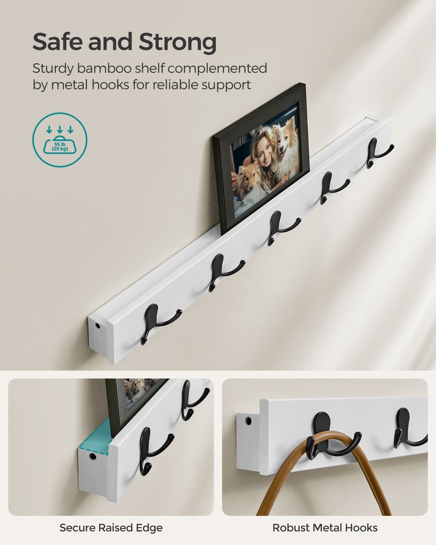 Coat Rack and Shoe Bench Set - Bamboo - Cloud White - Multifunctional with 5 Double Hooks and 3-Tier Storage
