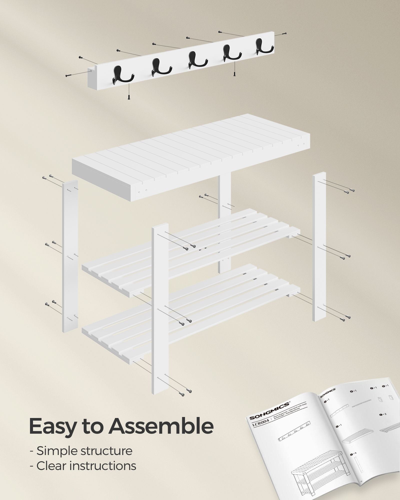 Coat Rack and Shoe Bench Set - Bamboo - Cloud White - Multifunctional with 5 Double Hooks and 3-Tier Storage
