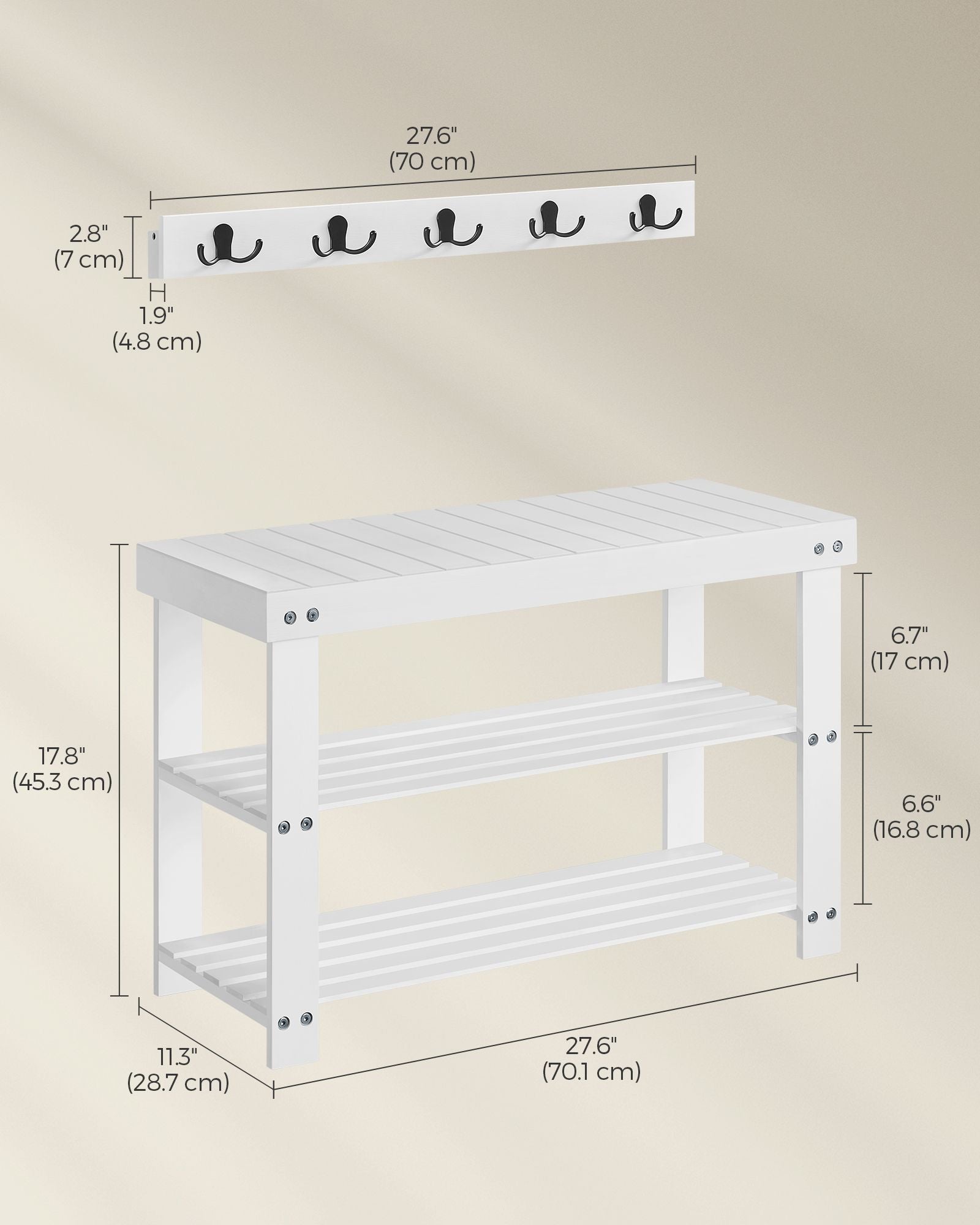 Coat Rack and Shoe Bench Set - Bamboo - Cloud White - Multifunctional with 5 Double Hooks and 3-Tier Storage