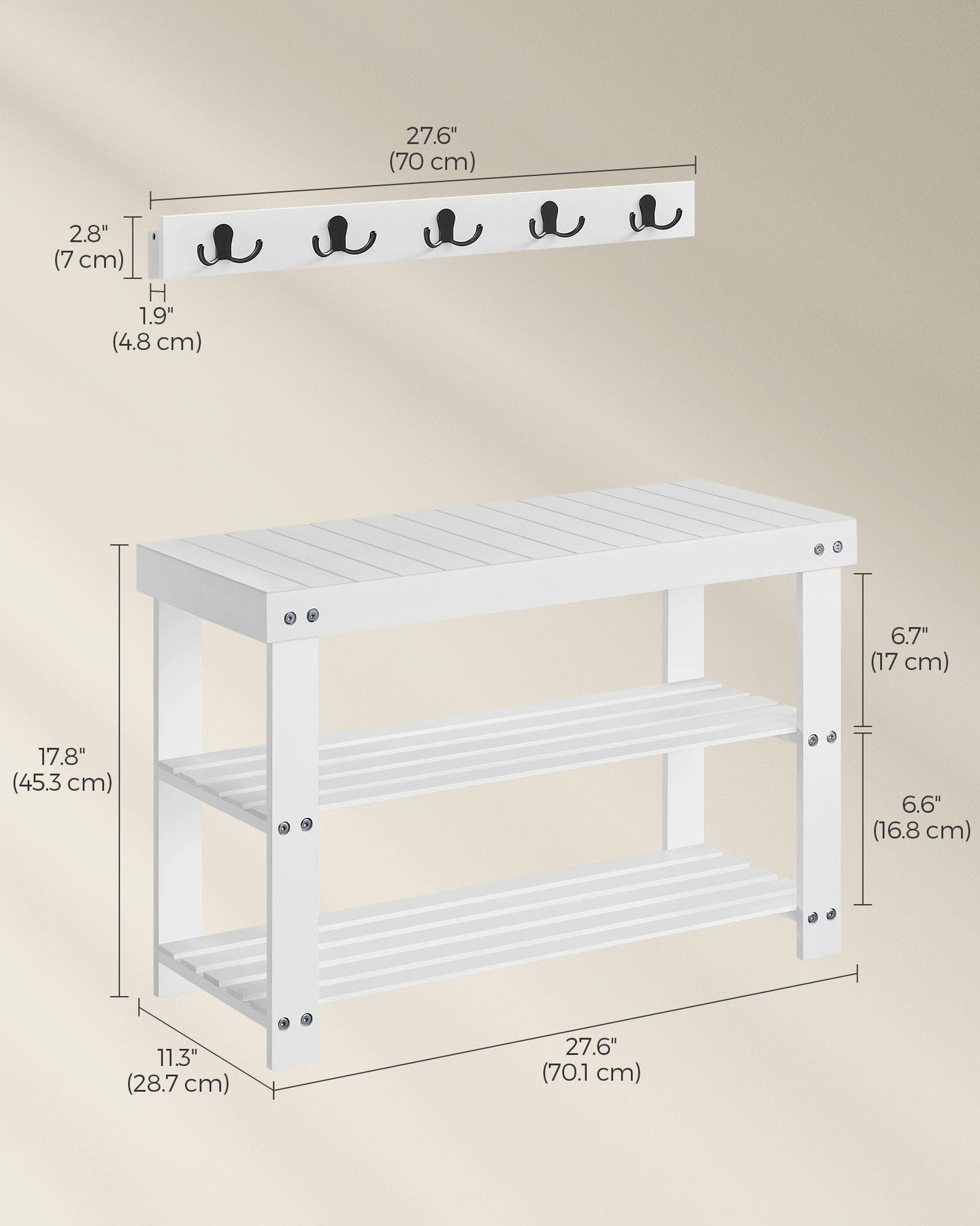 Coat Rack and Shoe Bench Set - Bamboo - Cloud White - Multifunctional with 5 Double Hooks and 3-Tier Storage
