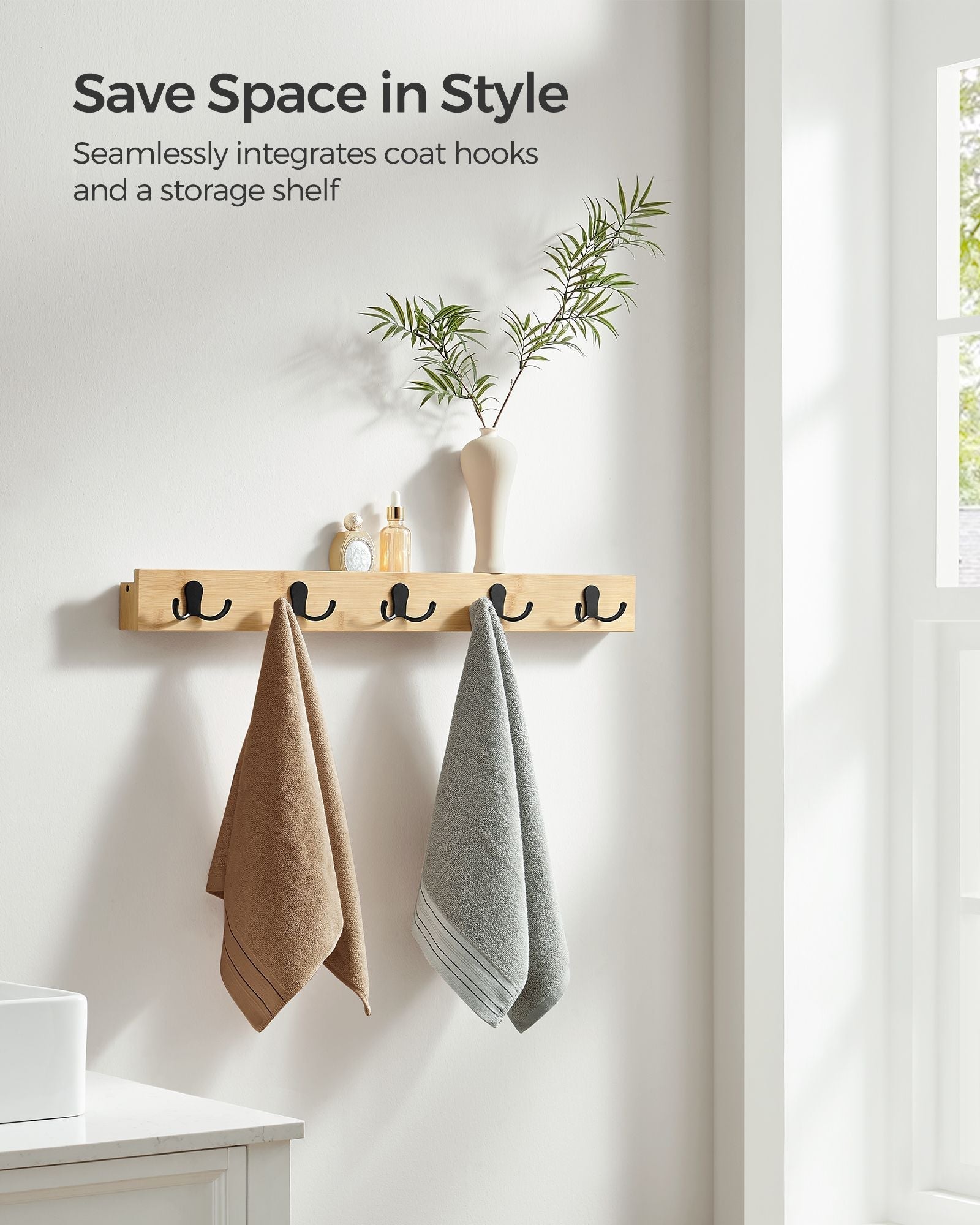 Wall-Mounted Coat Rack - Metal - Natural Beige - 5 Double Hooks and Shelf
