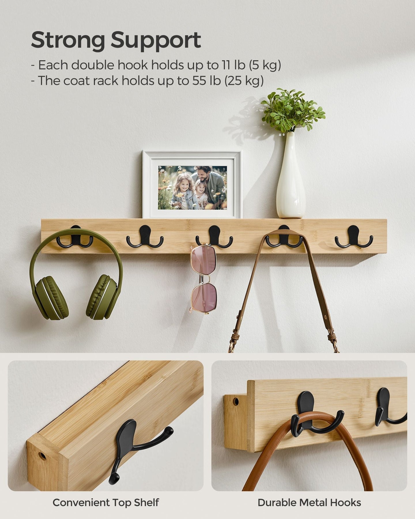 Wall-Mounted Coat Rack - Metal - Natural Beige - 5 Double Hooks and Shelf