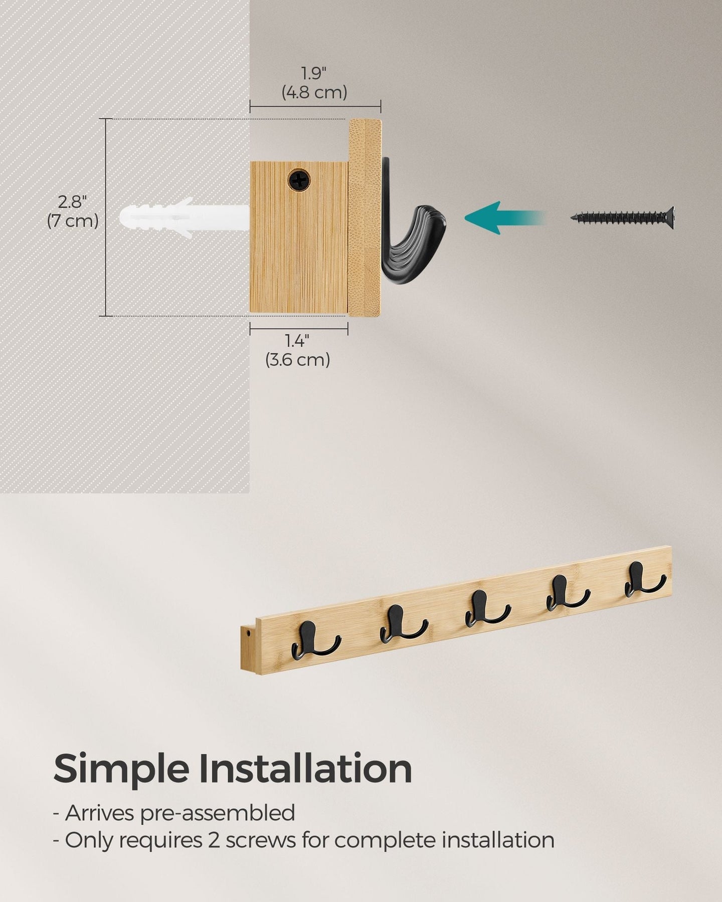 Wall-Mounted Coat Rack - Metal - Natural Beige - 5 Double Hooks and Shelf
