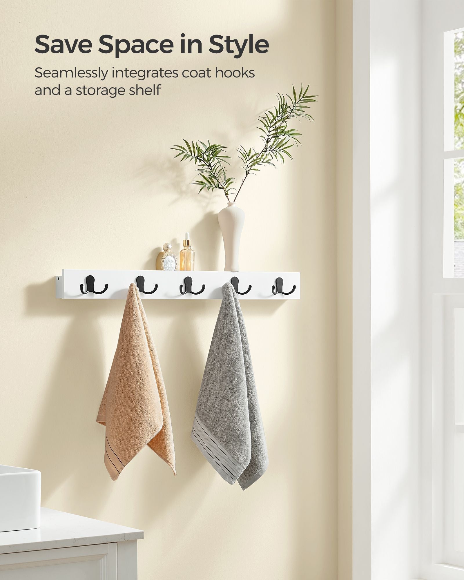 Wall-Mounted Coat Rack - Metal - Cloud White - 5 Double Hooks with Shelf