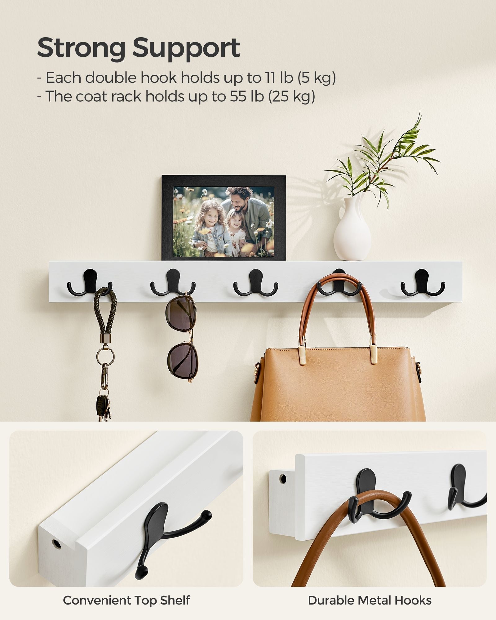 Wall-Mounted Coat Rack - Metal - Cloud White - 5 Double Hooks with Shelf