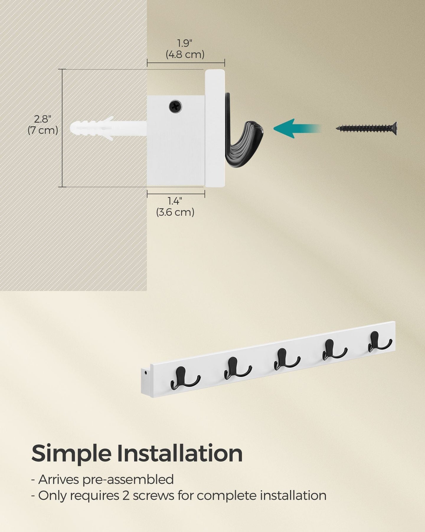 Wall-Mounted Coat Rack - Metal - Cloud White - 5 Double Hooks with Shelf