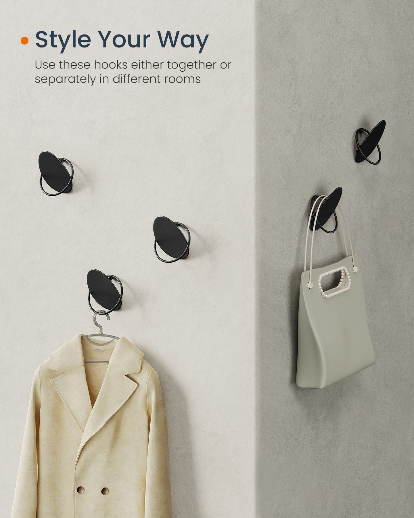 Set of Egg Shaped Wall Hooks - Holds up to 5 kg - Metal - Ink Black