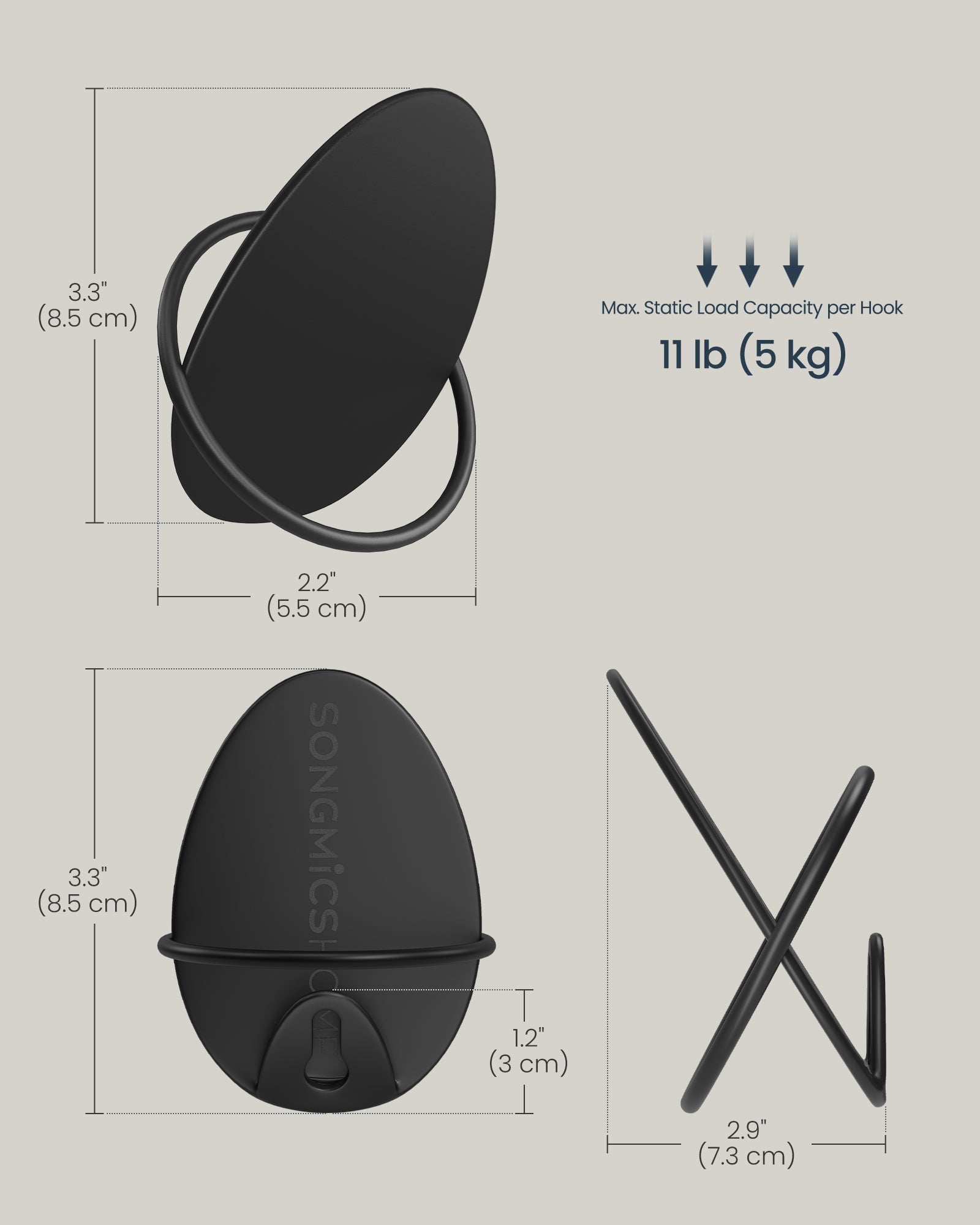 Set of Egg Shaped Wall Hooks - Holds up to 5 kg - Metal - Ink Black