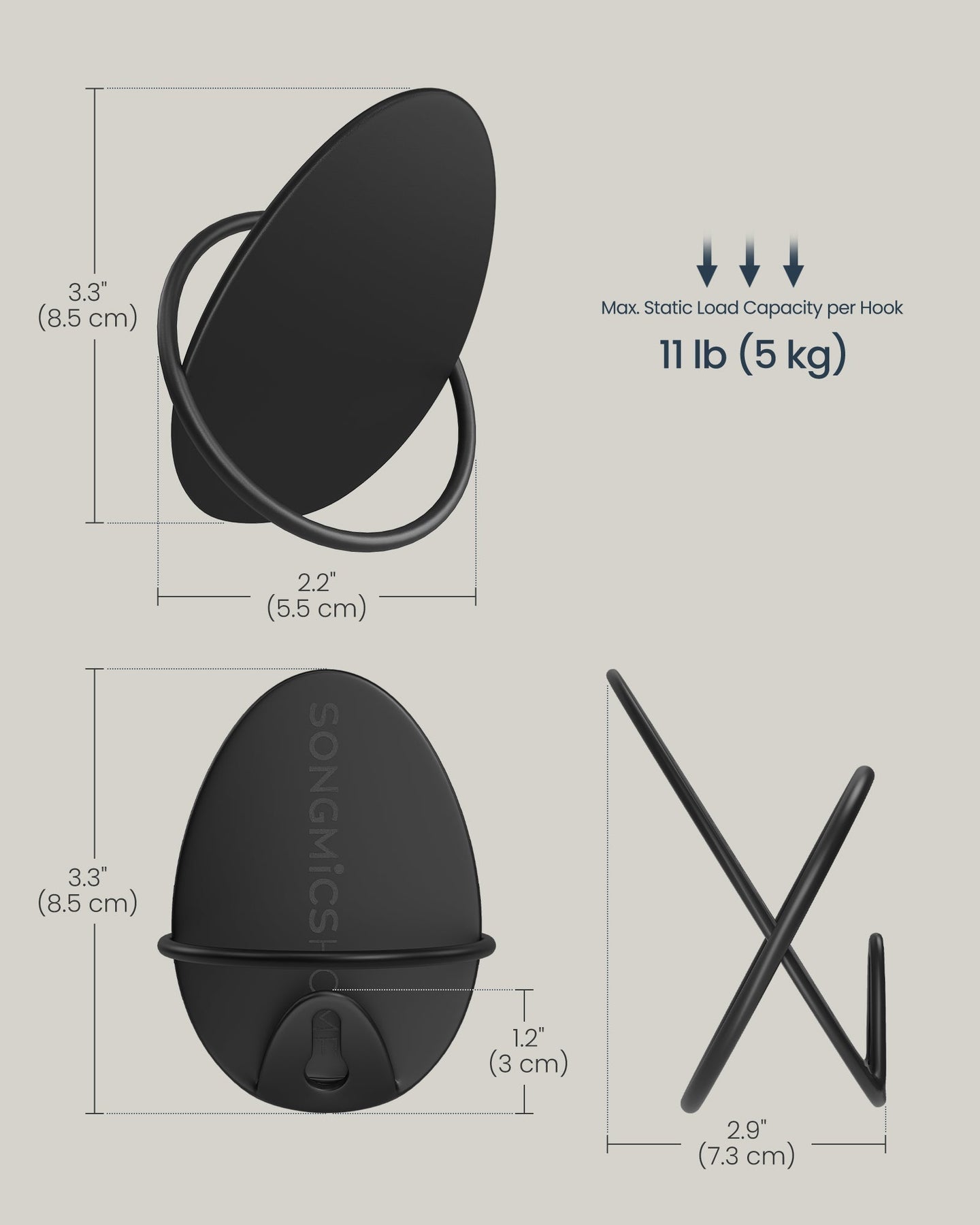 Set of Egg Shaped Wall Hooks - Holds up to 5 kg - Metal - Ink Black