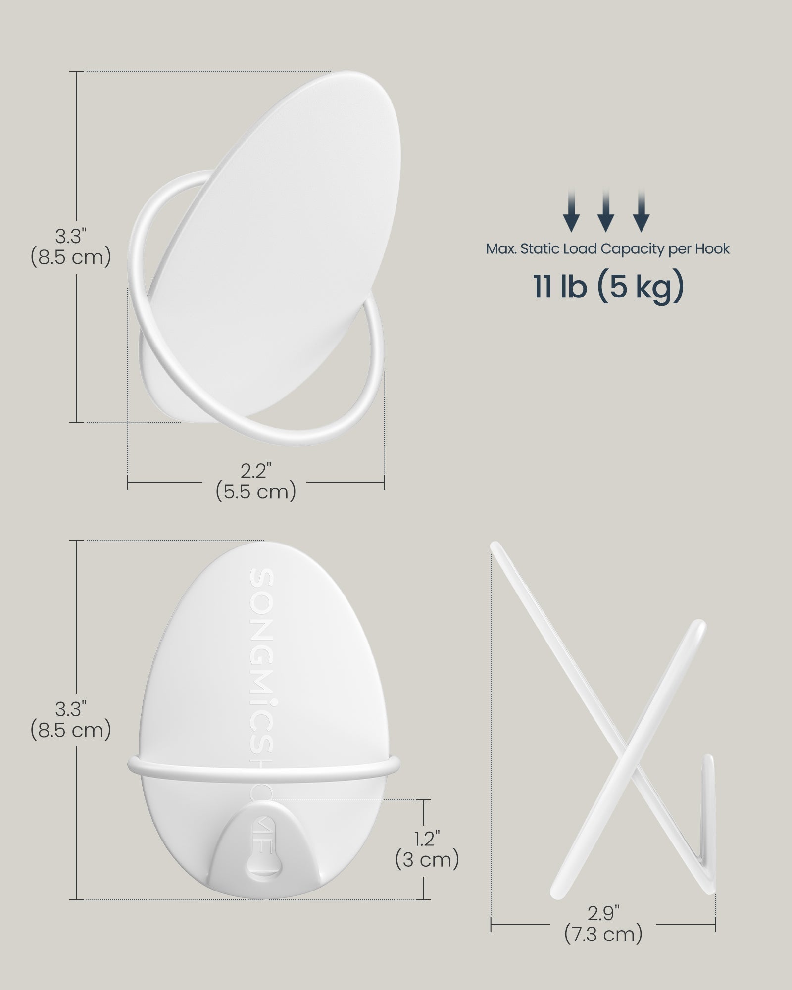 Set of Egg-Shaped Wall Hooks - Holds up to 5 kg - Metal - Pearl White