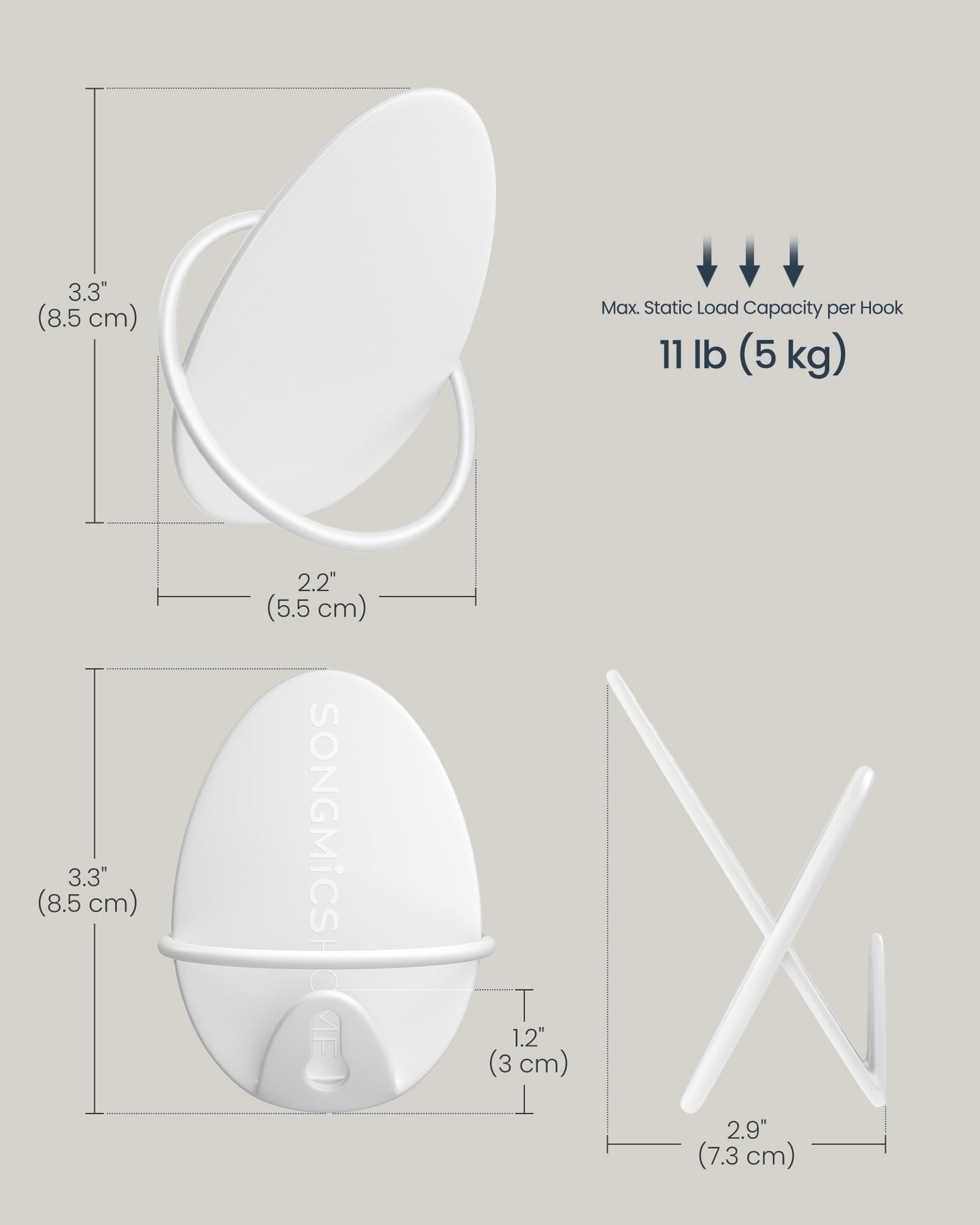 Set of Egg-Shaped Wall Hooks - Holds up to 5 kg - Metal - Pearl White