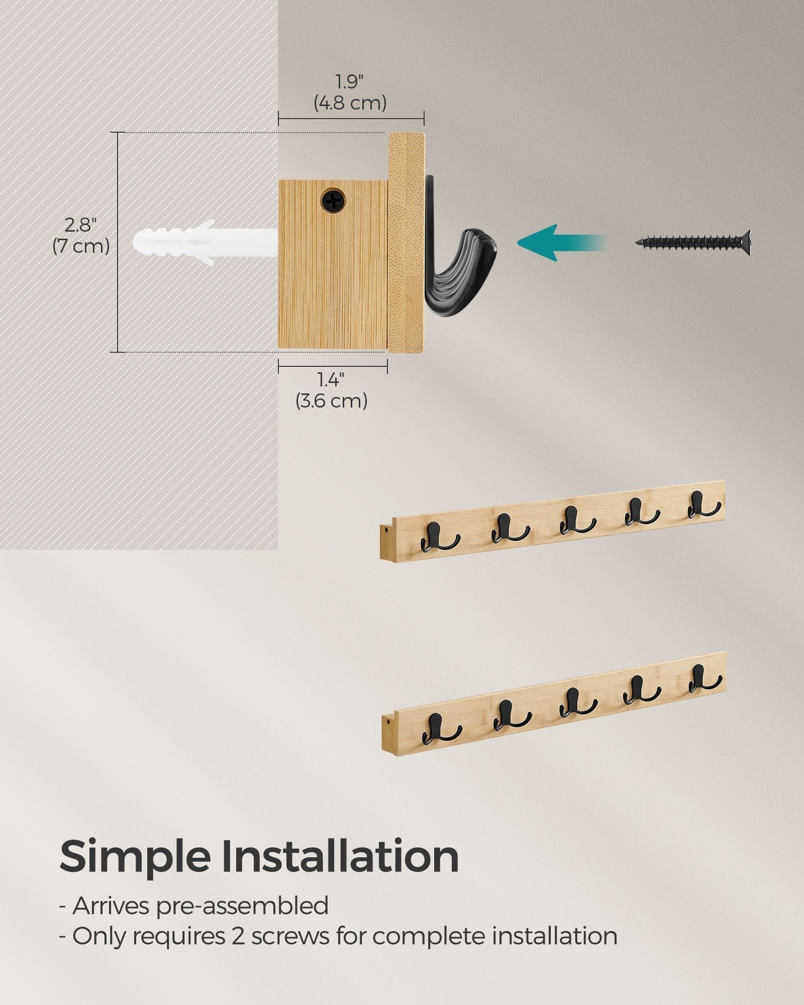 Wall-Mounted Coat Rack Set - Natural Wood - Beige - 5 Double Hooks with Shelf