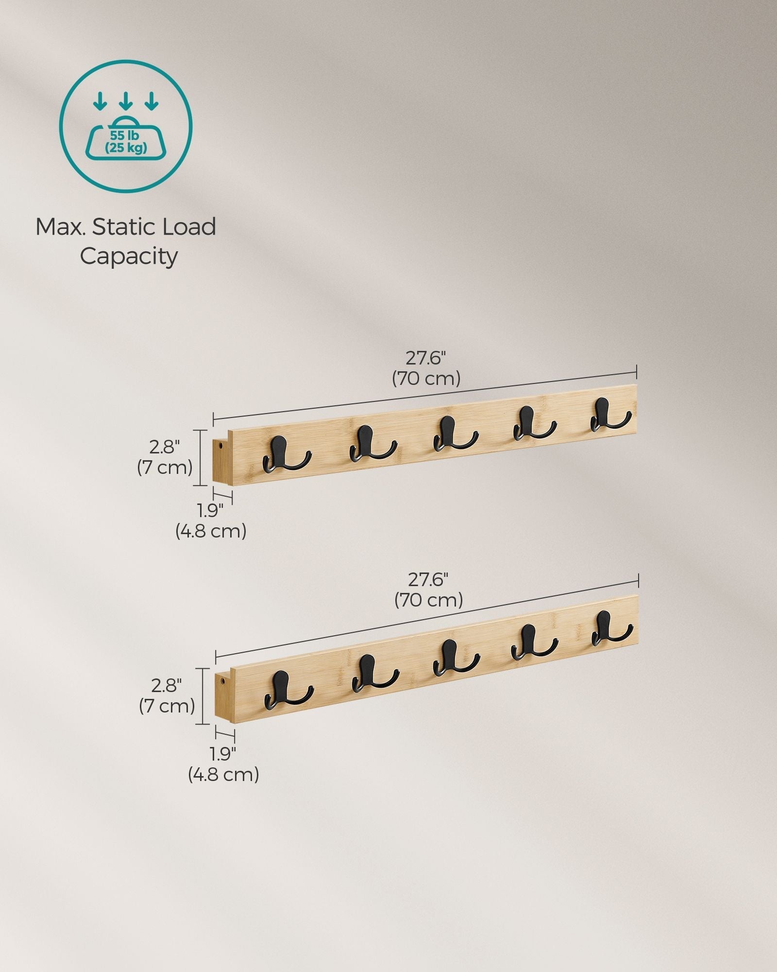 Wall-Mounted Coat Rack Set - Natural Wood - Beige - 5 Double Hooks with Shelf