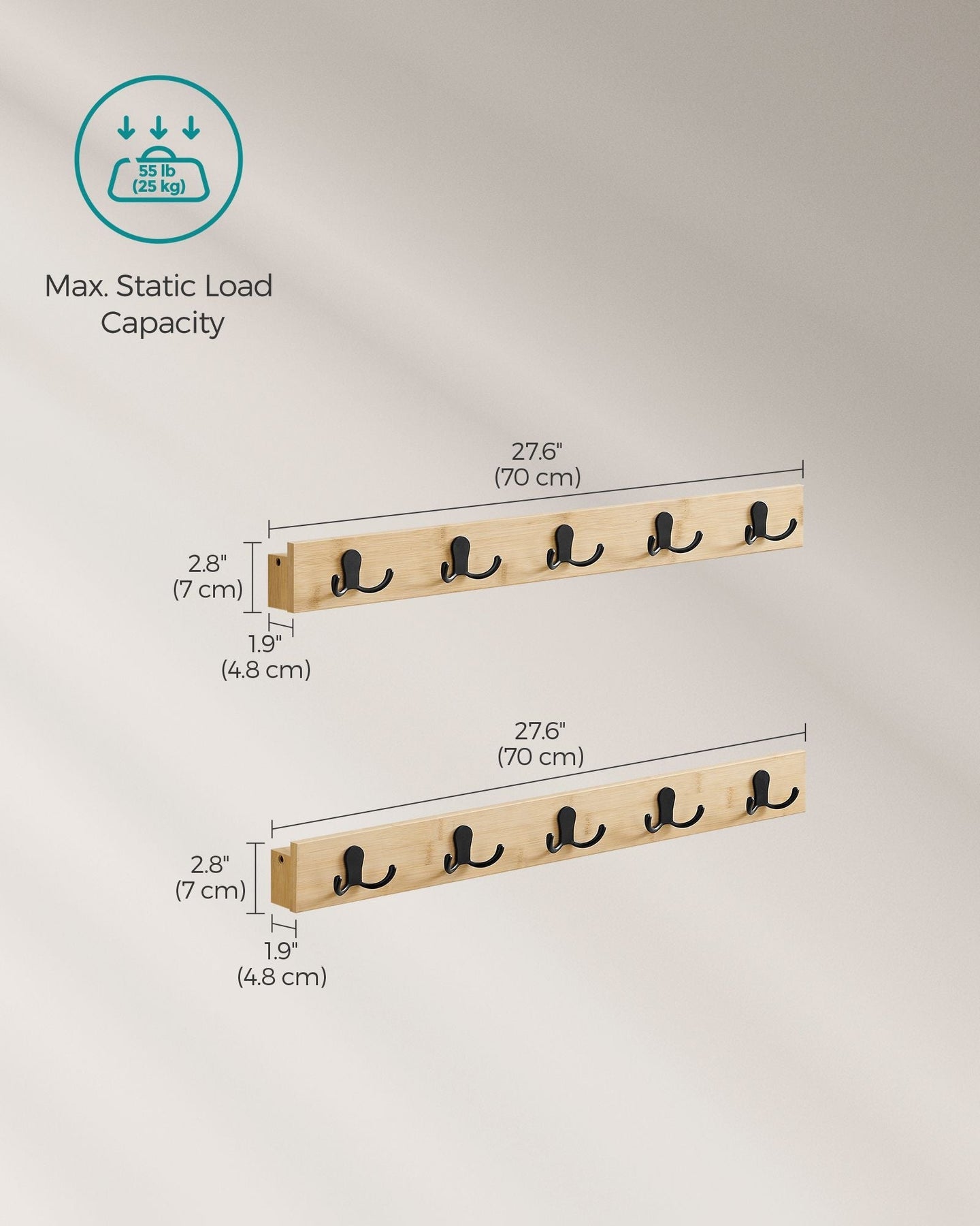 Wall-Mounted Coat Rack Set - Natural Wood - Beige - 5 Double Hooks with Shelf