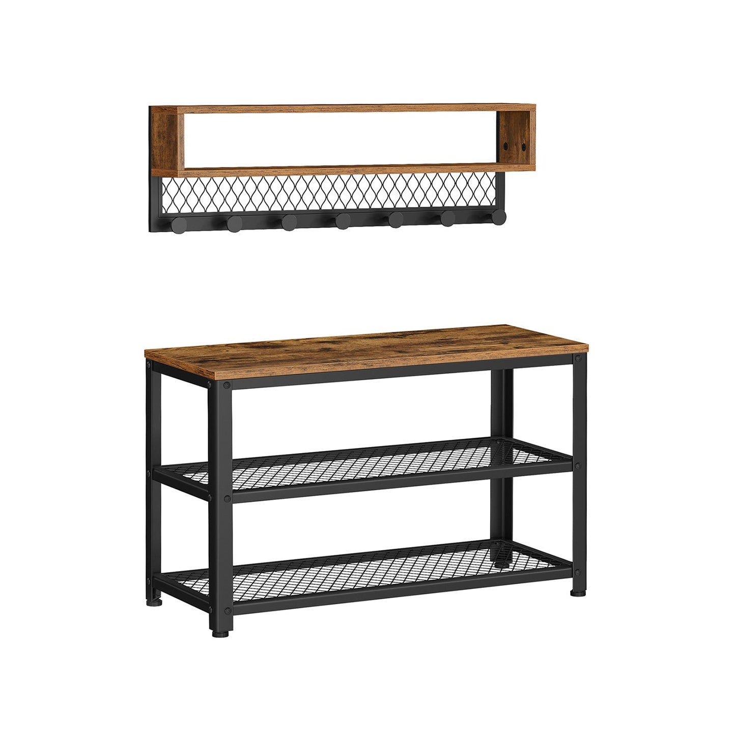 Coat Rack and Shoe Bench Set - Wood - Rustic Brown - Multifunctional Hallway Furniture with 2-Tier Shoe Rack and Dot Coat Hooks