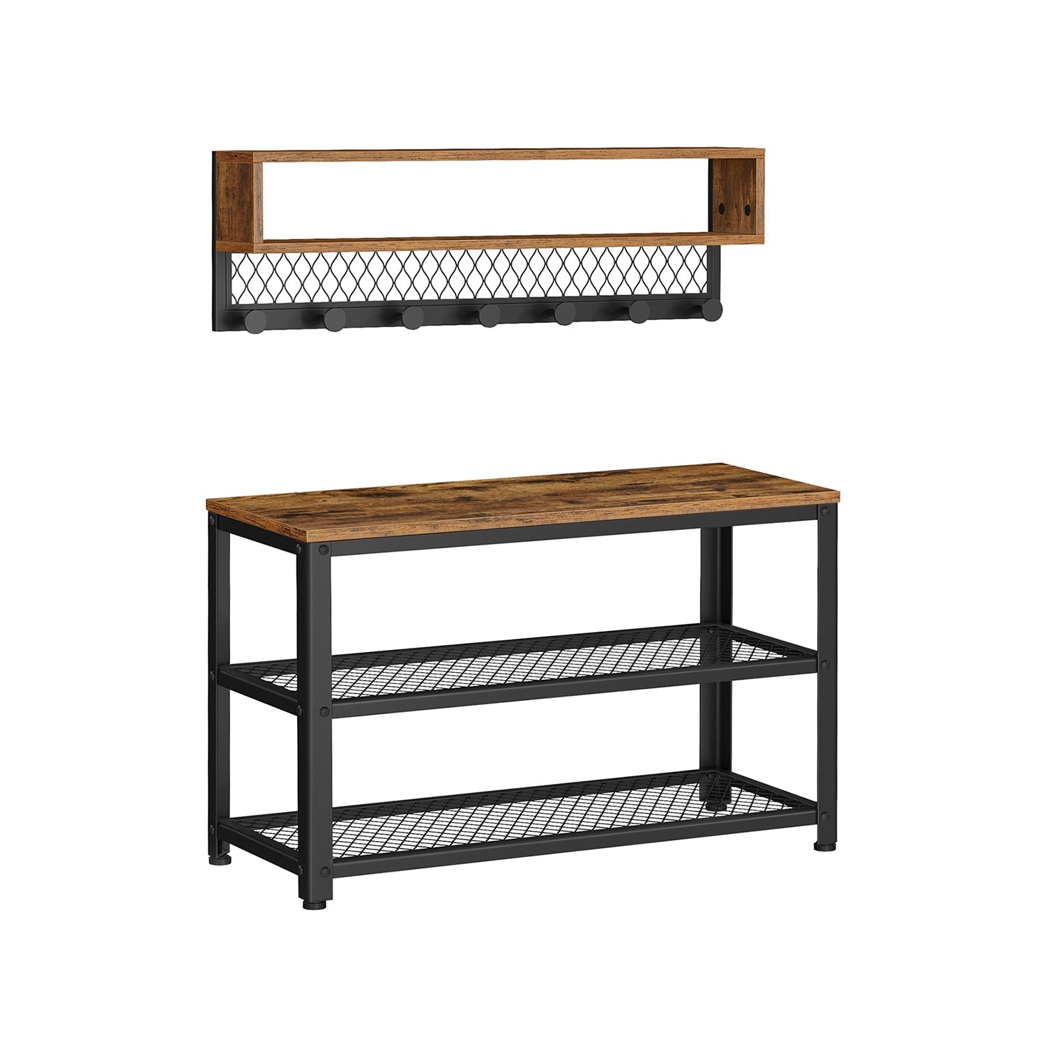 Coat Rack and Shoe Bench Set - Wood - Rustic Brown - Multifunctional Hallway Furniture with 2-Tier Shoe Rack and Dot Coat Hooks
